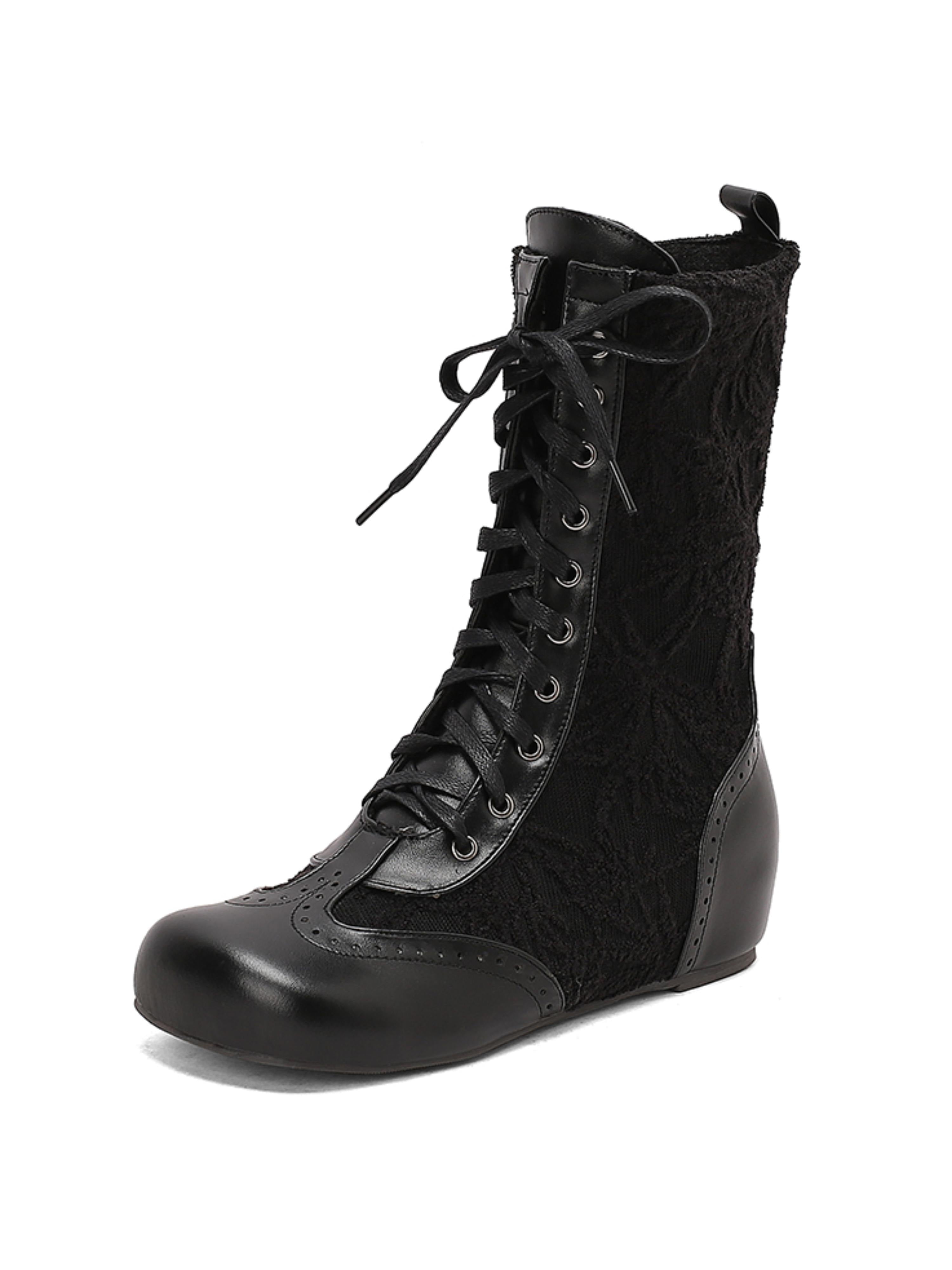 Retro Black Lace-Up Mid-Calf Boots with Low Heel