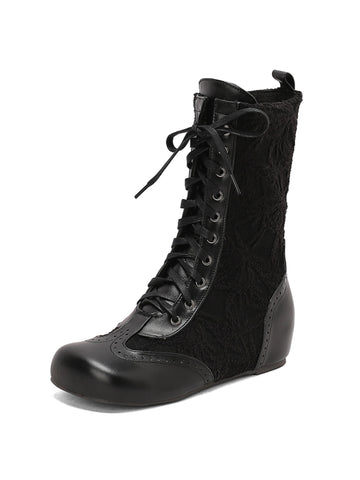 Retro Black Lace-Up Mid-Calf Boots with Low Heel