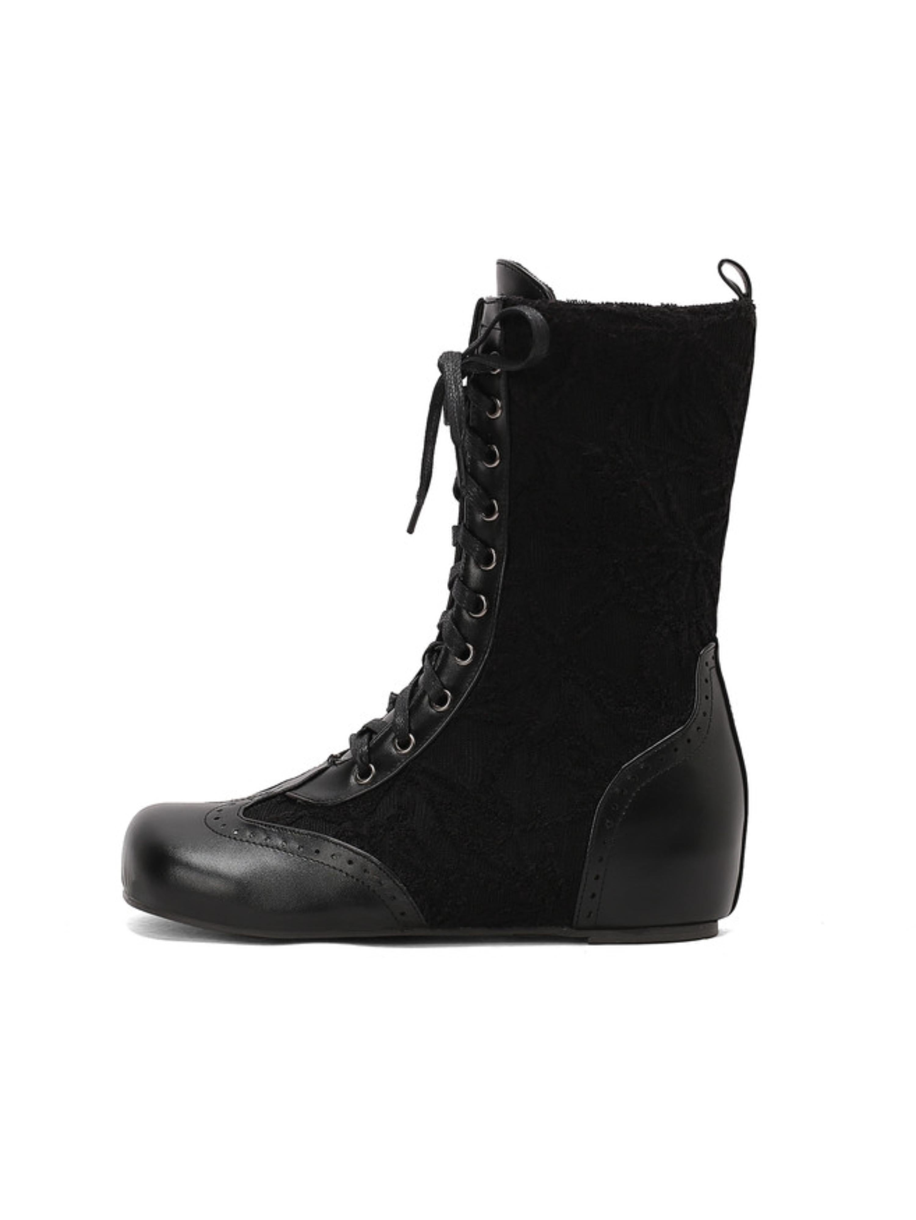 Retro Black Lace-Up Mid-Calf Boots with Low Heel