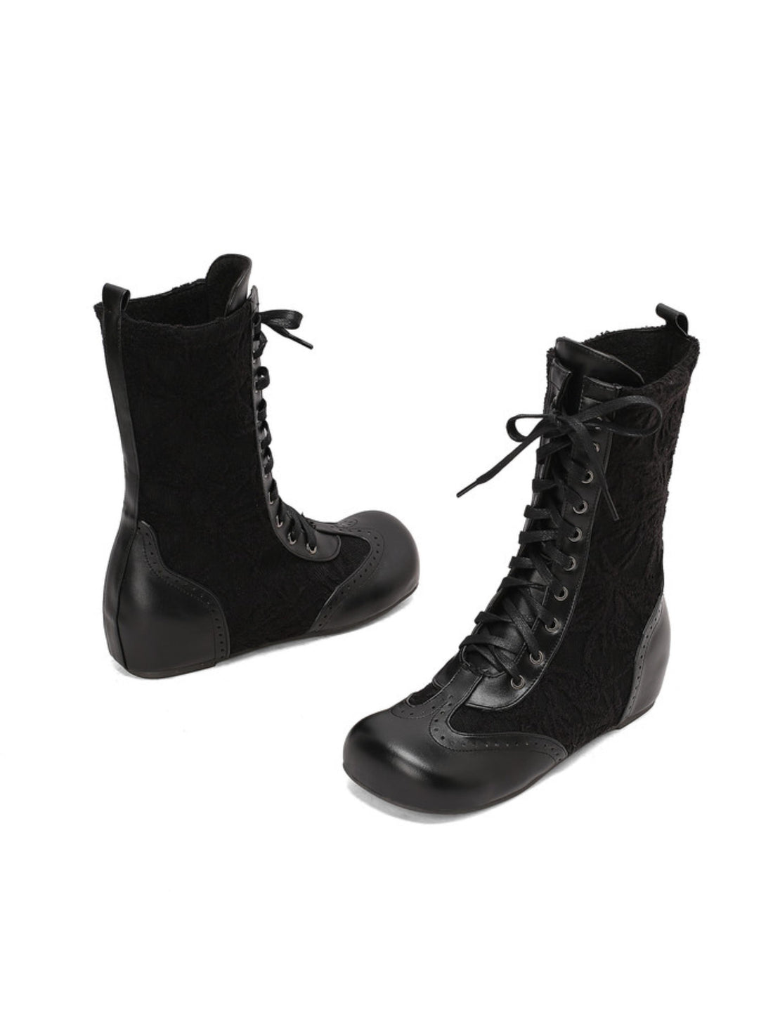 Retro Black Lace-Up Mid-Calf Boots with Low Heel