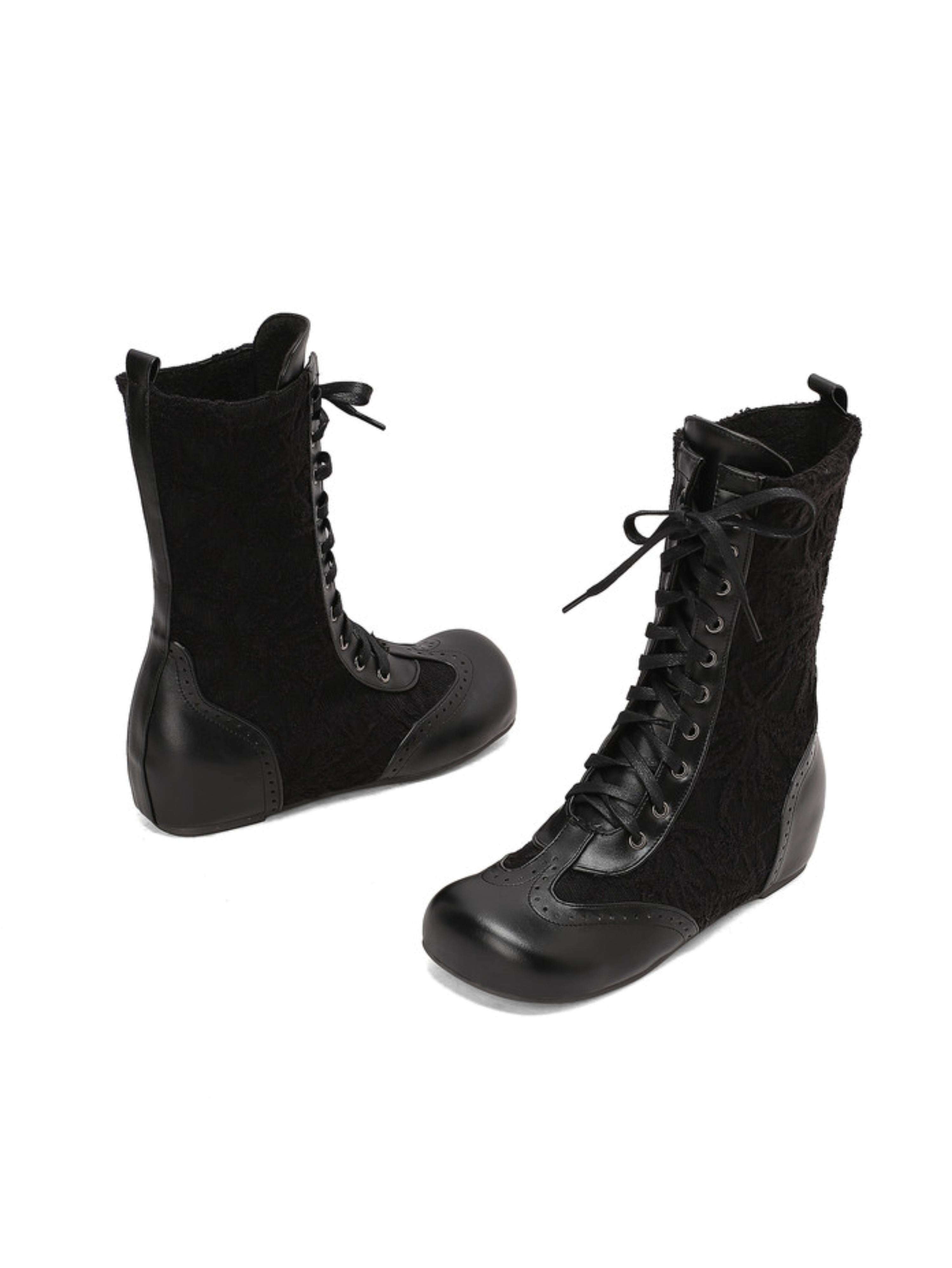 Retro Black Lace-Up Mid-Calf Boots with Low Heel