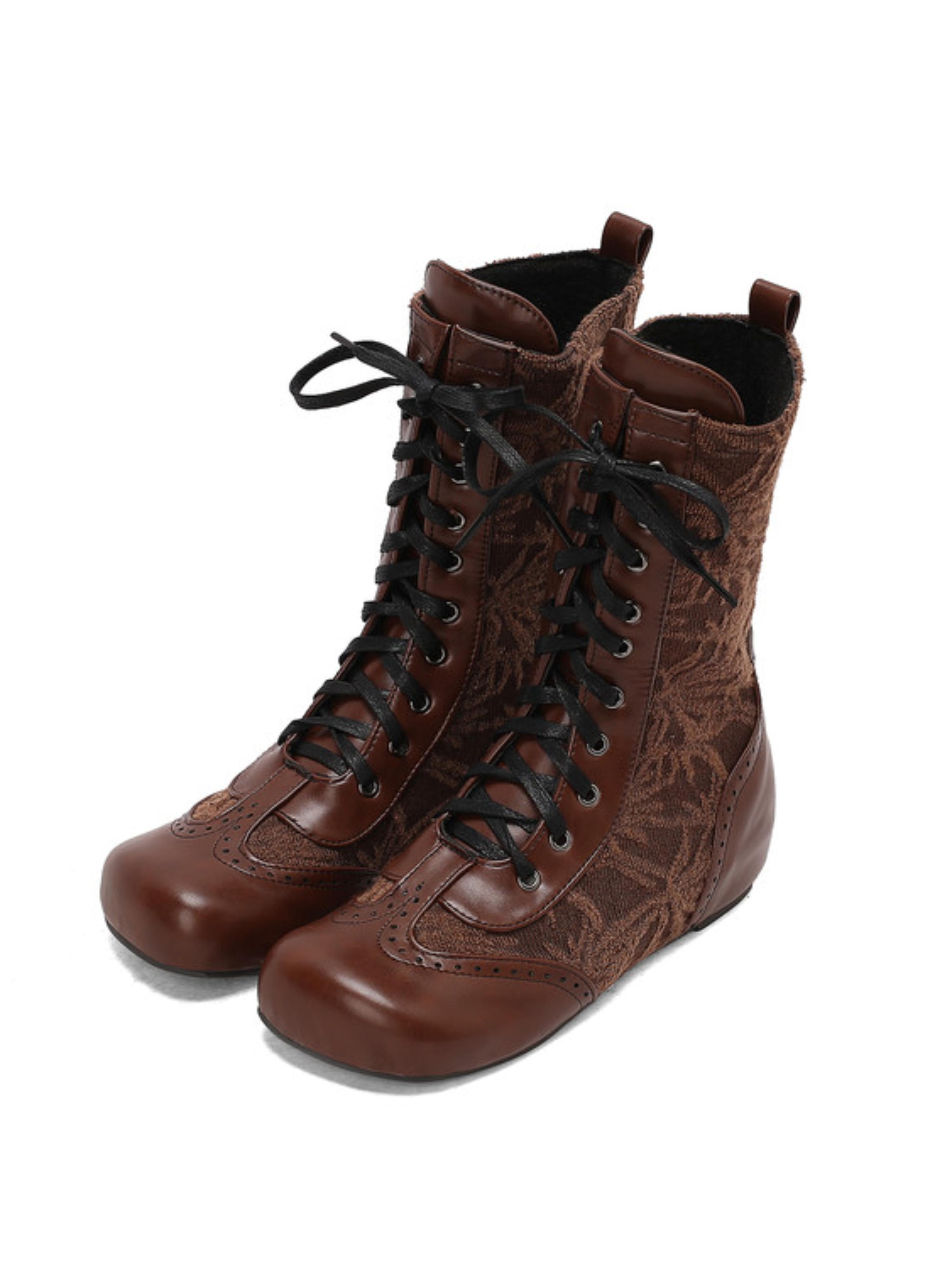 Vintage Brown Lace-Up Low-Heel Boots Mid Calf