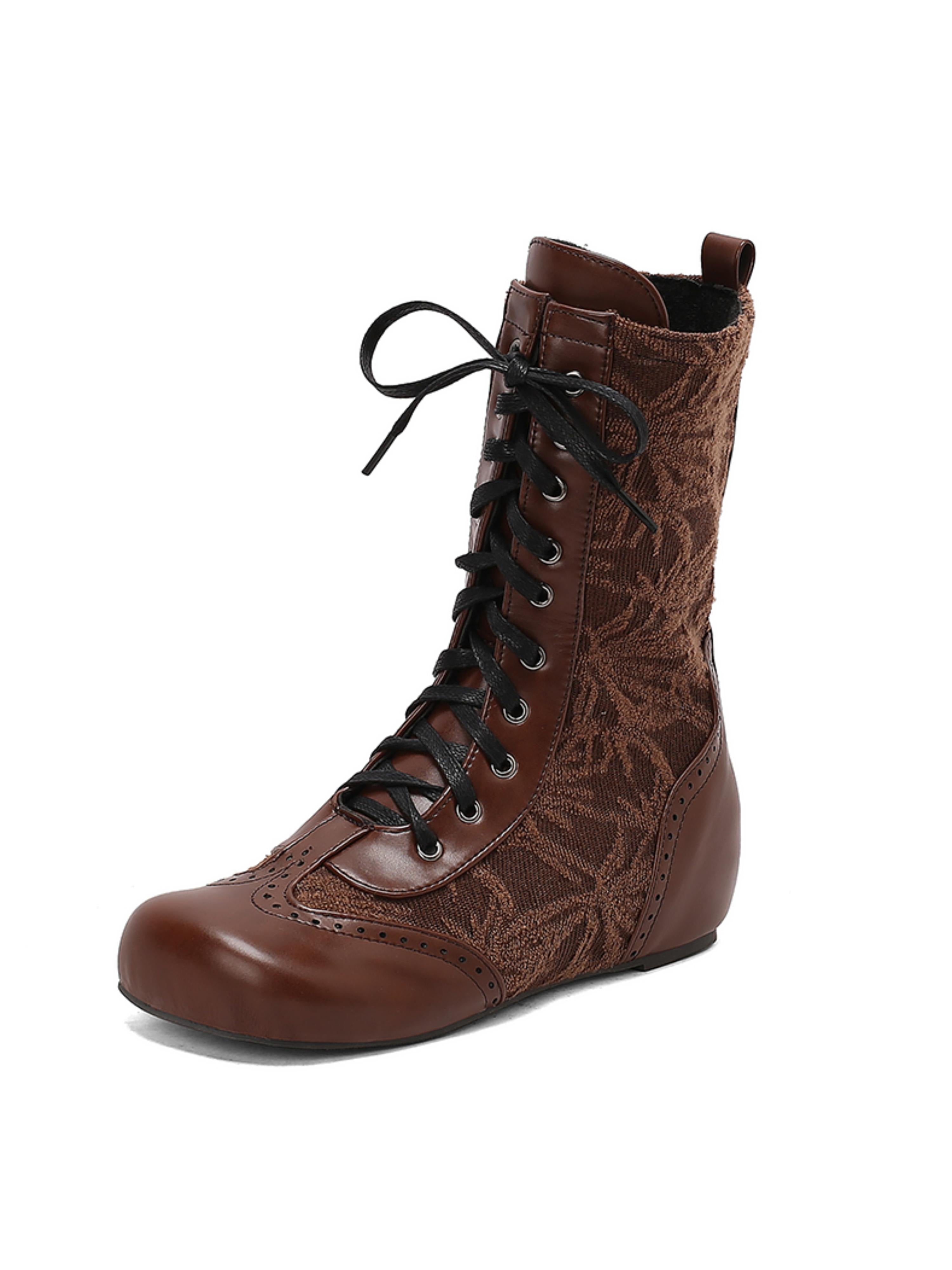 Vintage Brown Lace-Up Low-Heel Boots Mid Calf