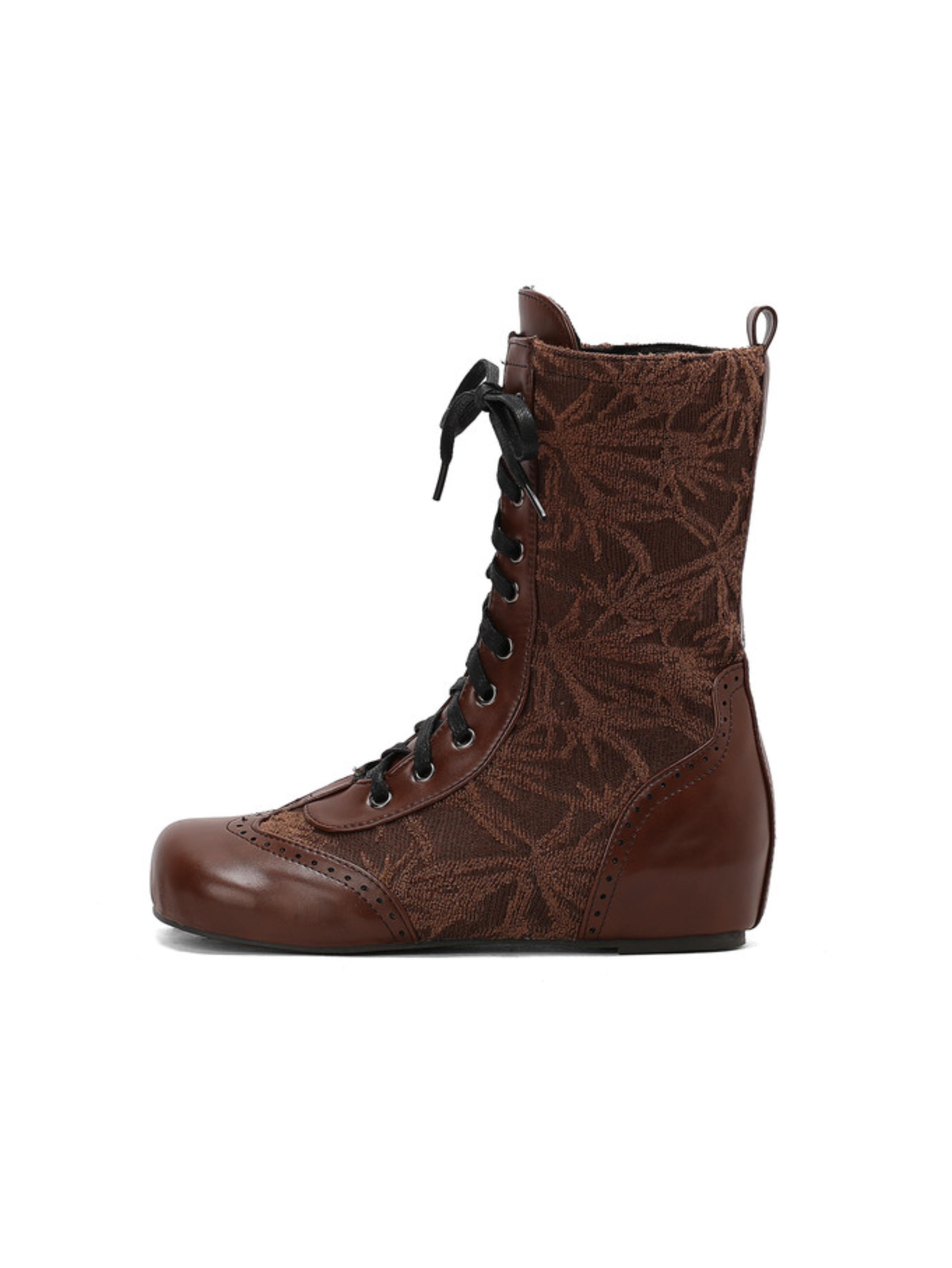 Vintage Brown Lace-Up Low-Heel Boots Mid Calf