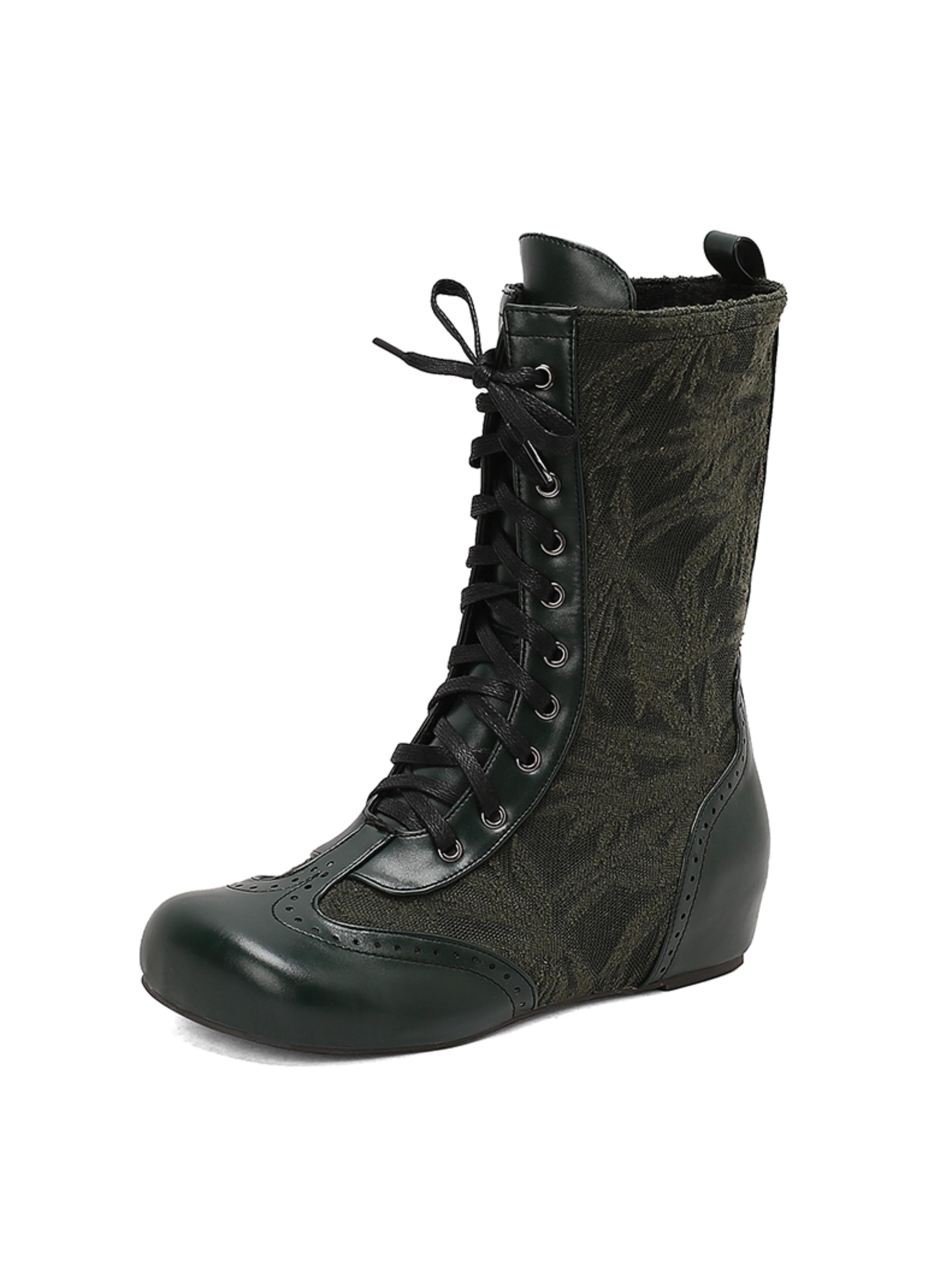 Retro Dark Green Lace-Up Low-Heel Mid-Calf Boots