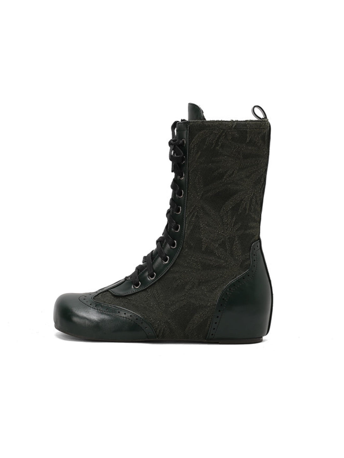 Retro Dark Green Lace-Up Low-Heel Mid-Calf Boots