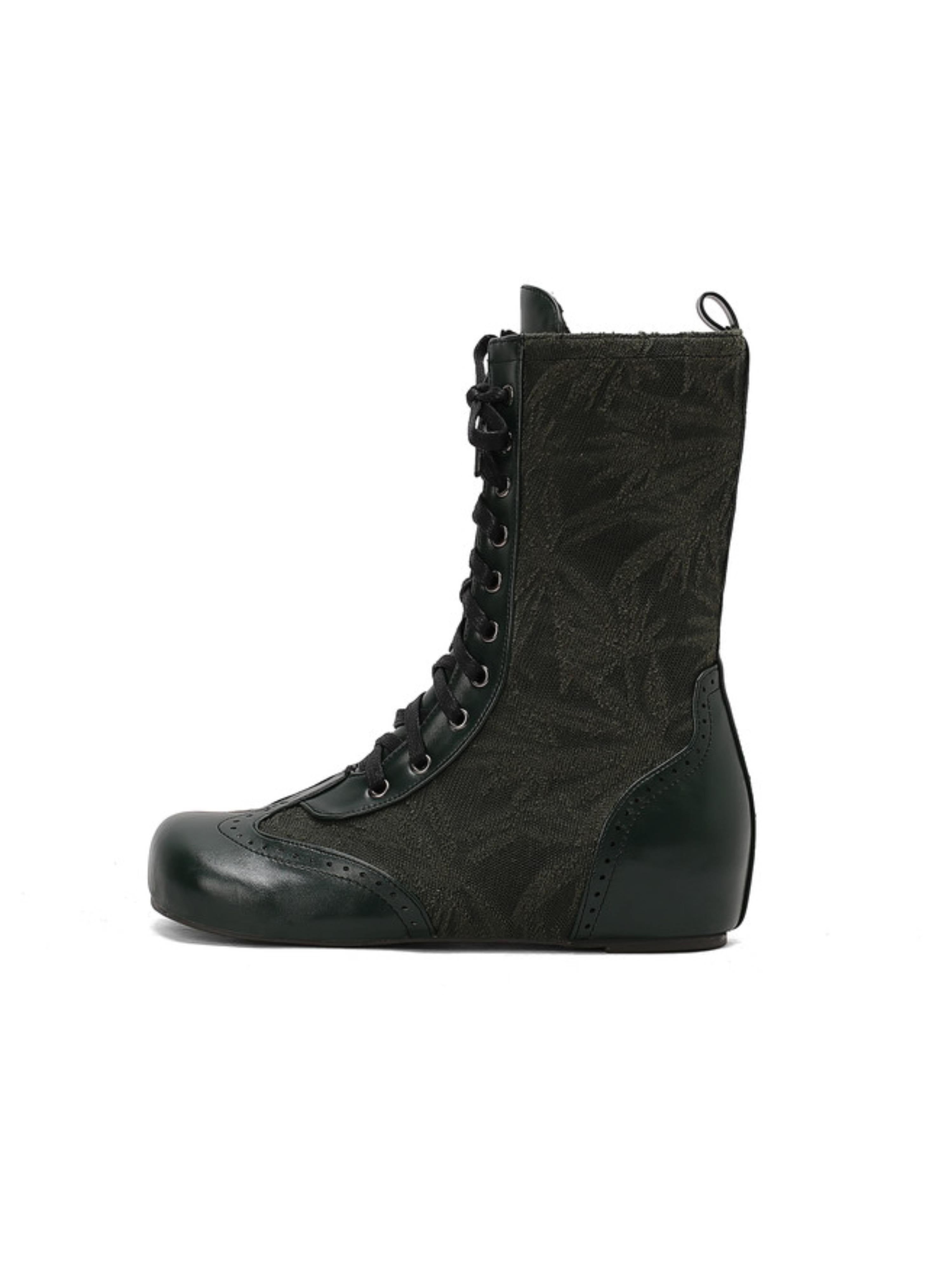 Retro Dark Green Lace-Up Low-Heel Mid-Calf Boots