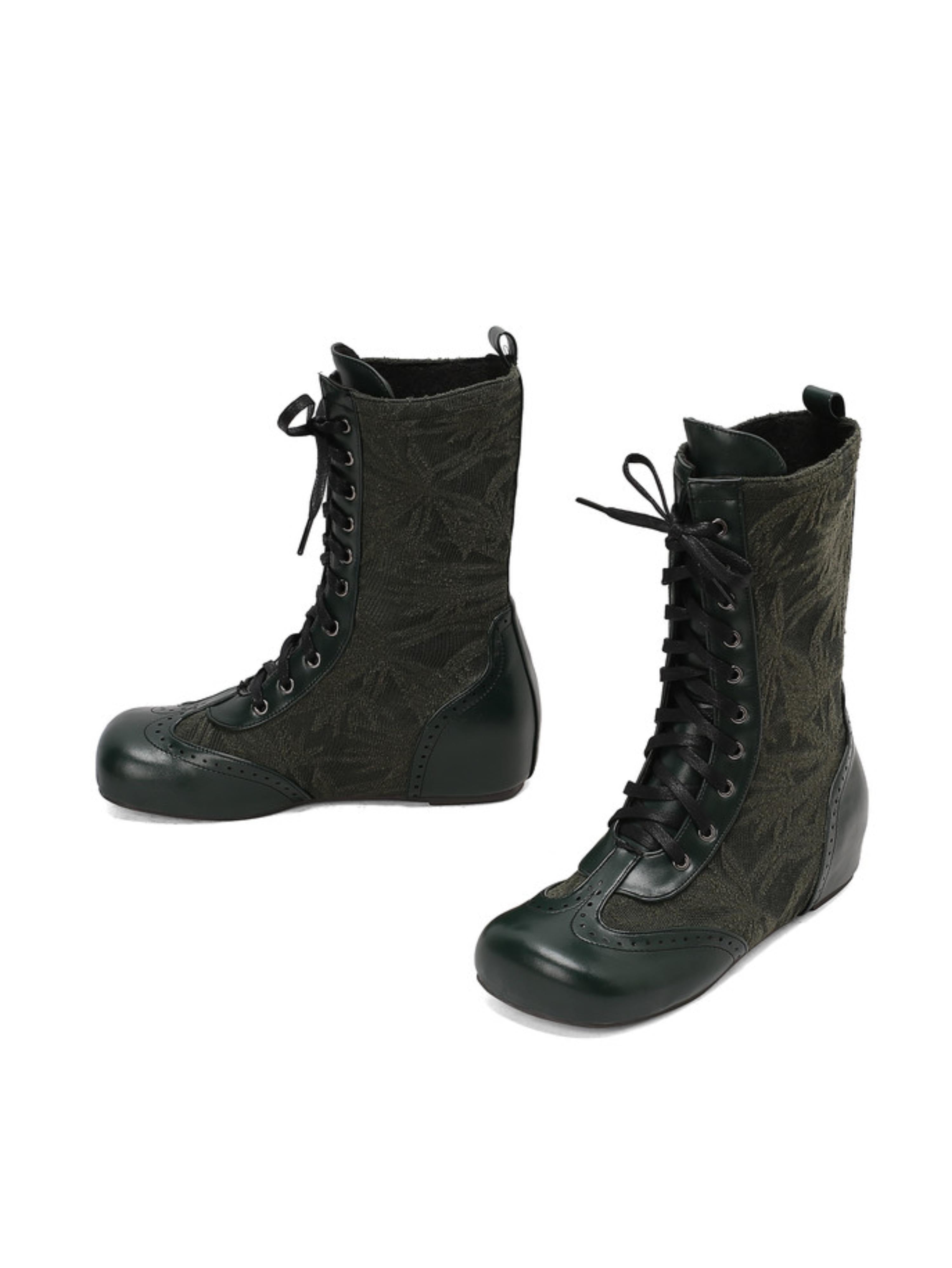 Retro Dark Green Lace-Up Low-Heel Mid-Calf Boots