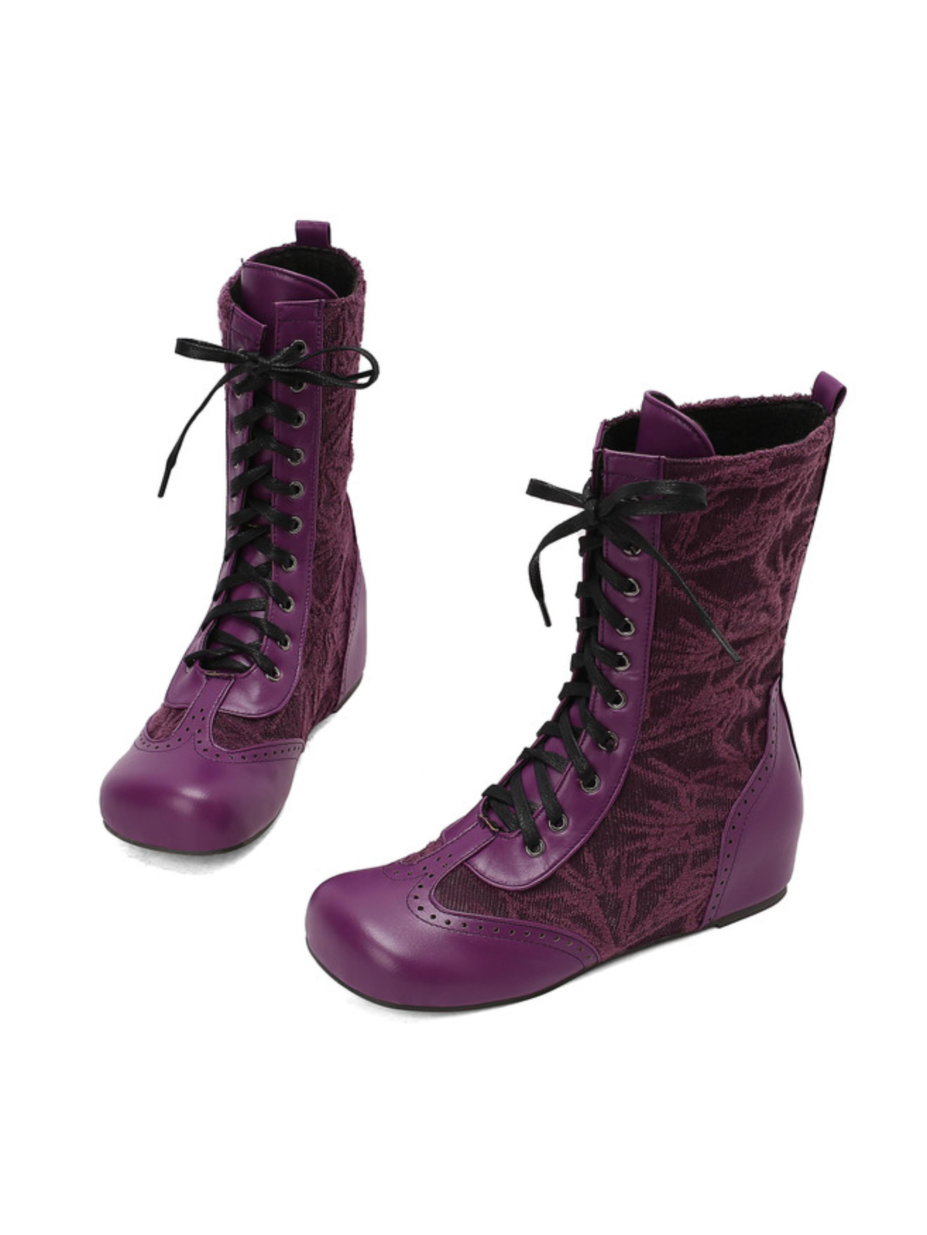 Vintage Purple Lace-Up Low-Heel Mid-Calf Boots