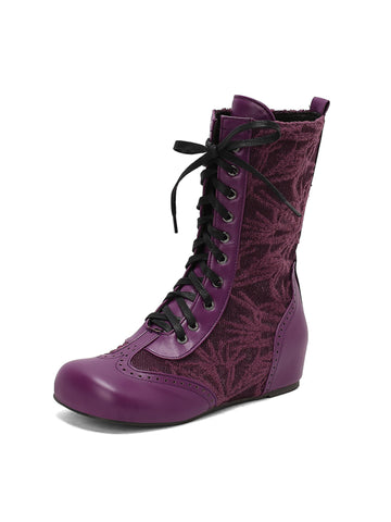 Vintage Purple Lace-Up Low-Heel Mid-Calf Boots
