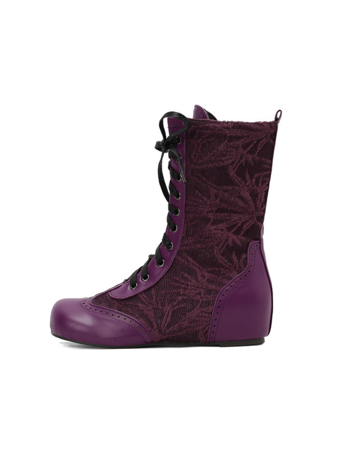 Vintage Purple Lace-Up Low-Heel Mid-Calf Boots