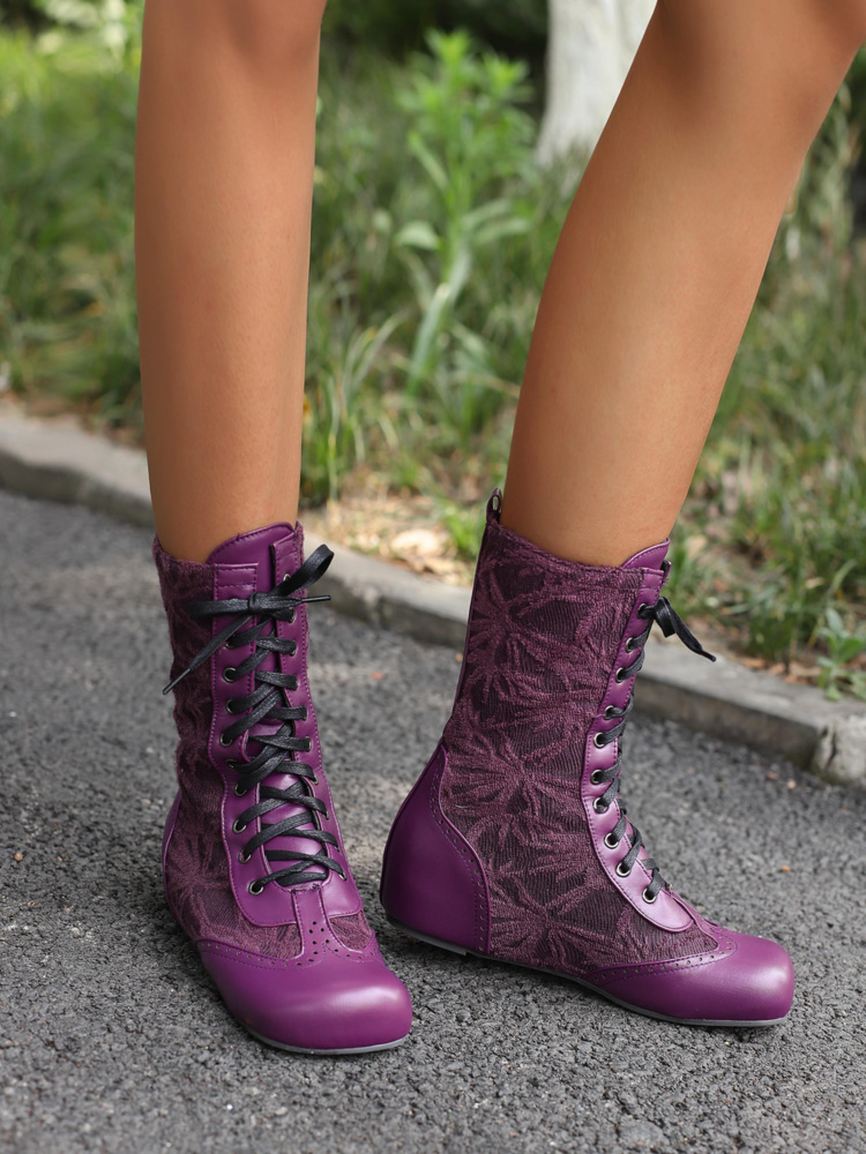 Vintage Purple Lace-Up Low-Heel Mid-Calf Boots