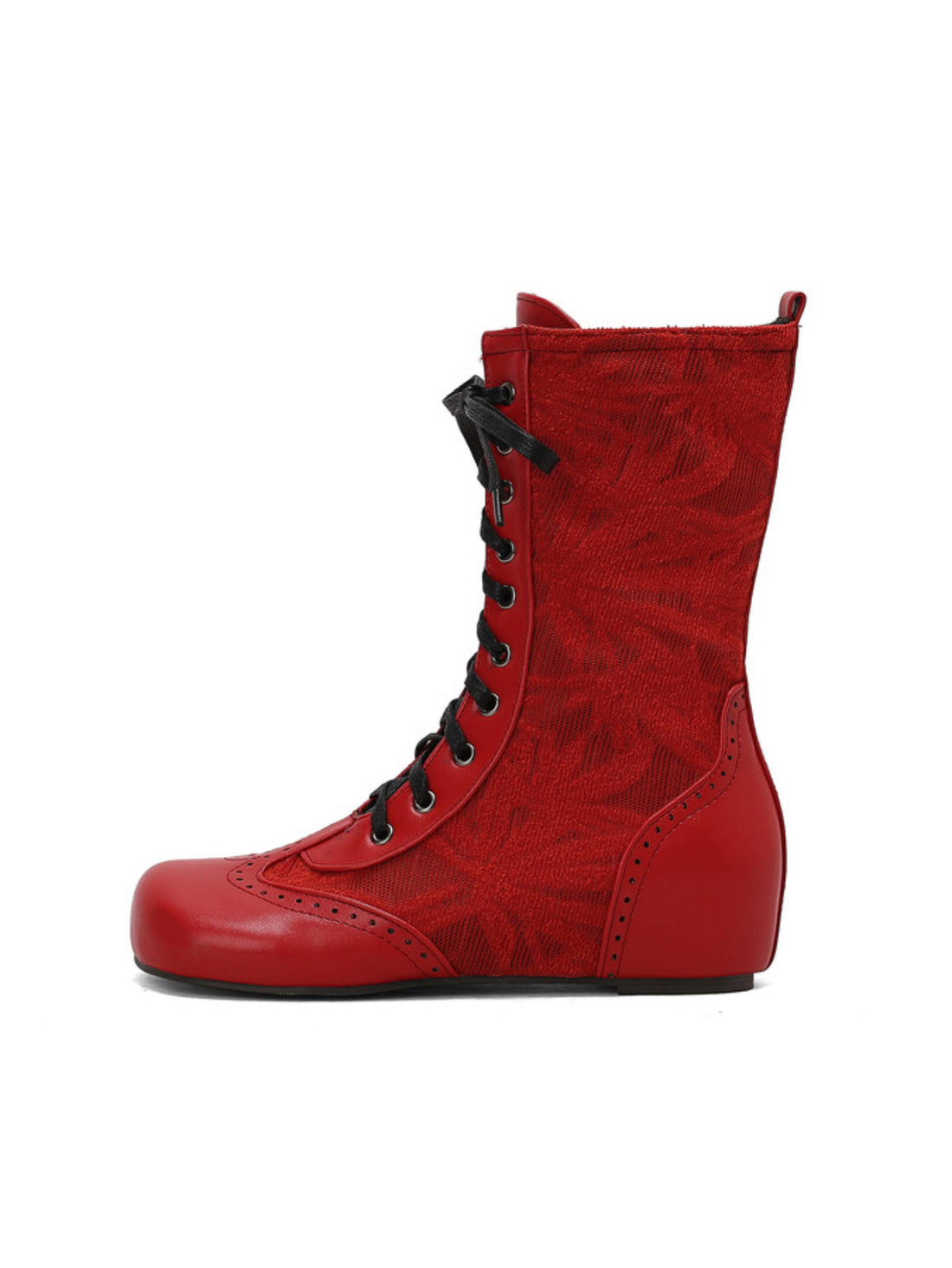 Elegant Red Lace-Up Wedge Low-Heel Mid-Calf Boots