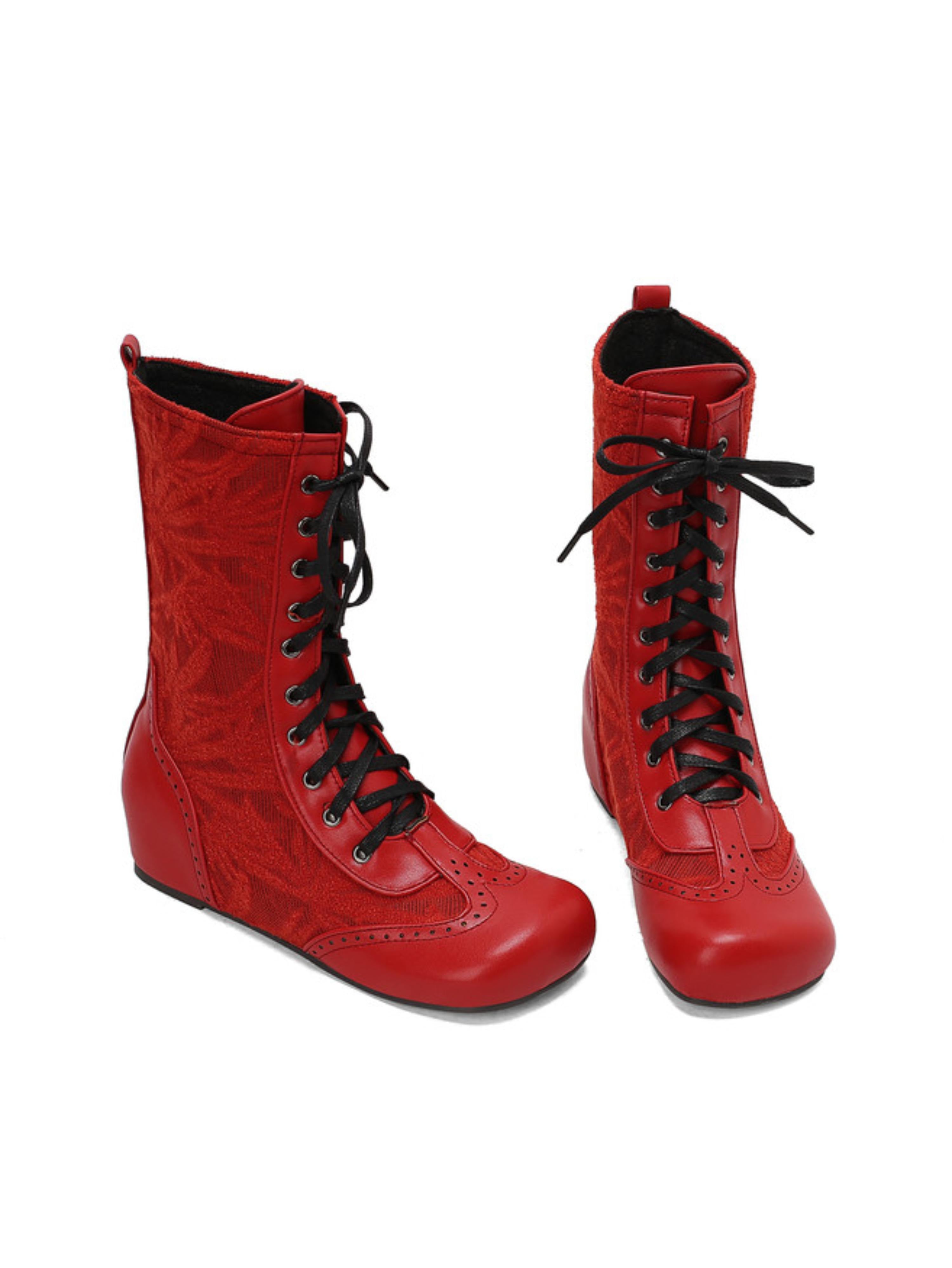 Elegant Red Lace-Up Wedge Low-Heel Mid-Calf Boots