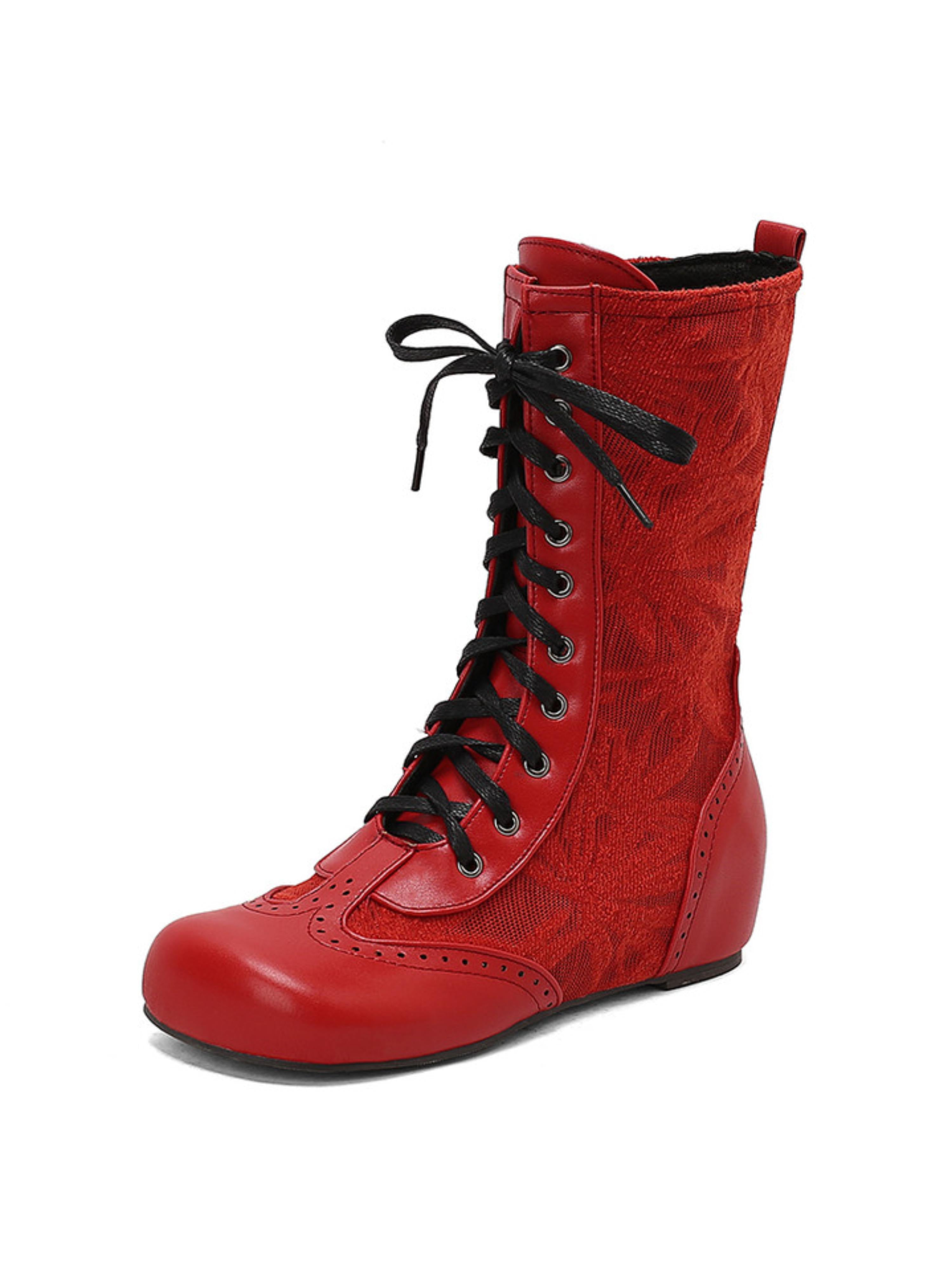 Elegant Red Lace-Up Wedge Low-Heel Mid-Calf Boots