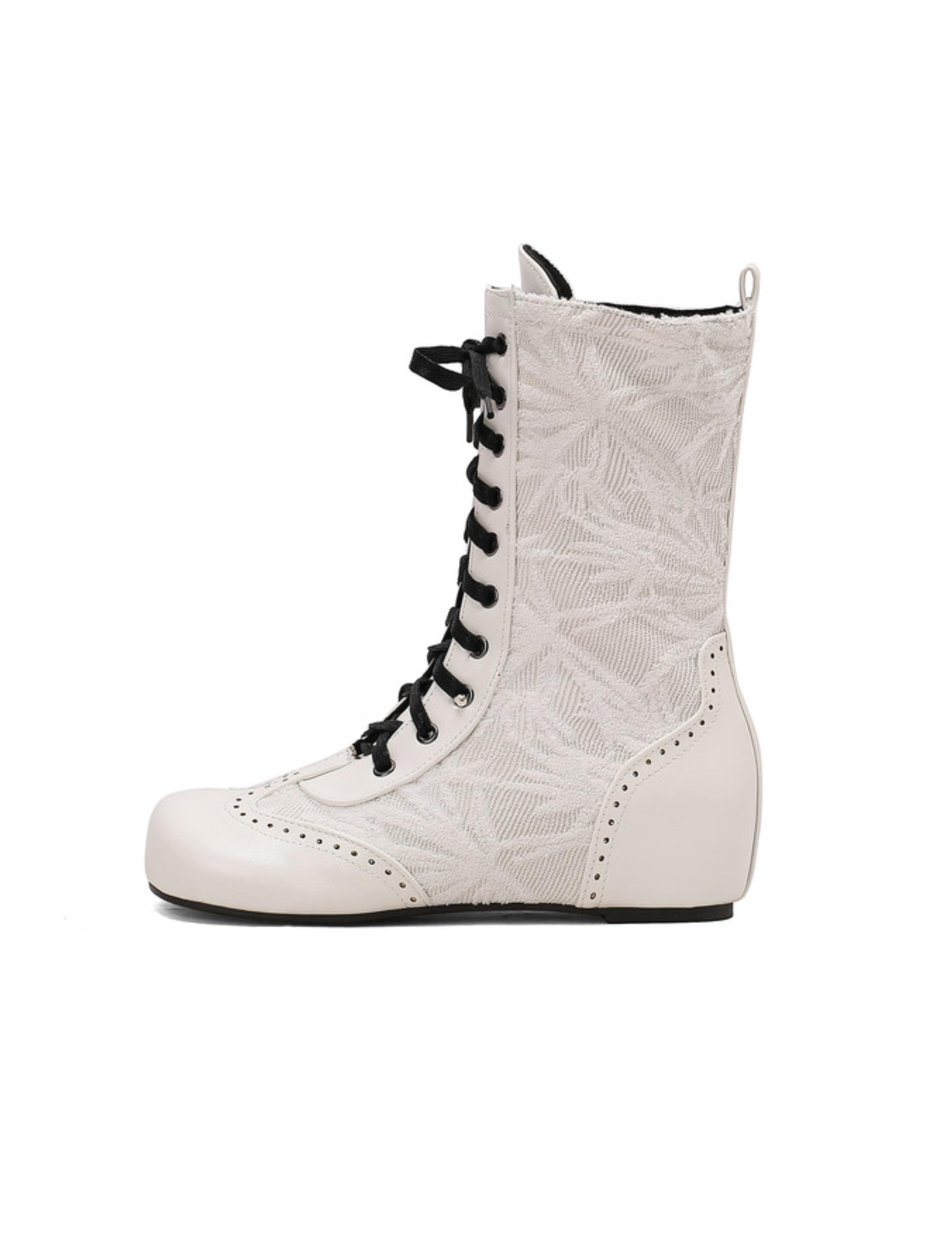 Vintage White Low-Heel Round Toe Lace-Up Boots