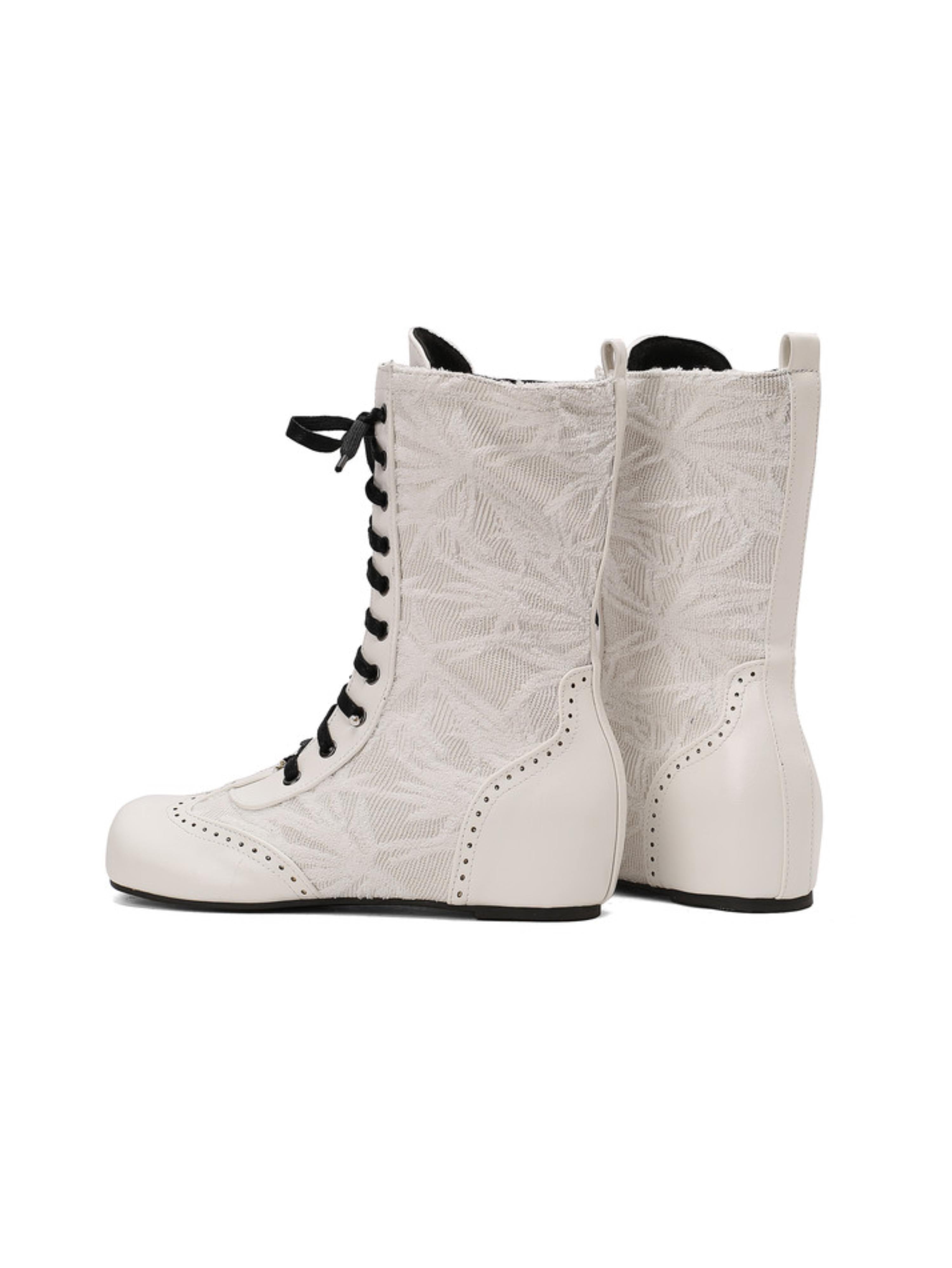 Vintage White Low-Heel Round Toe Lace-Up Boots