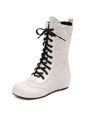 Vintage White Low-Heel Round Toe Lace-Up Boots