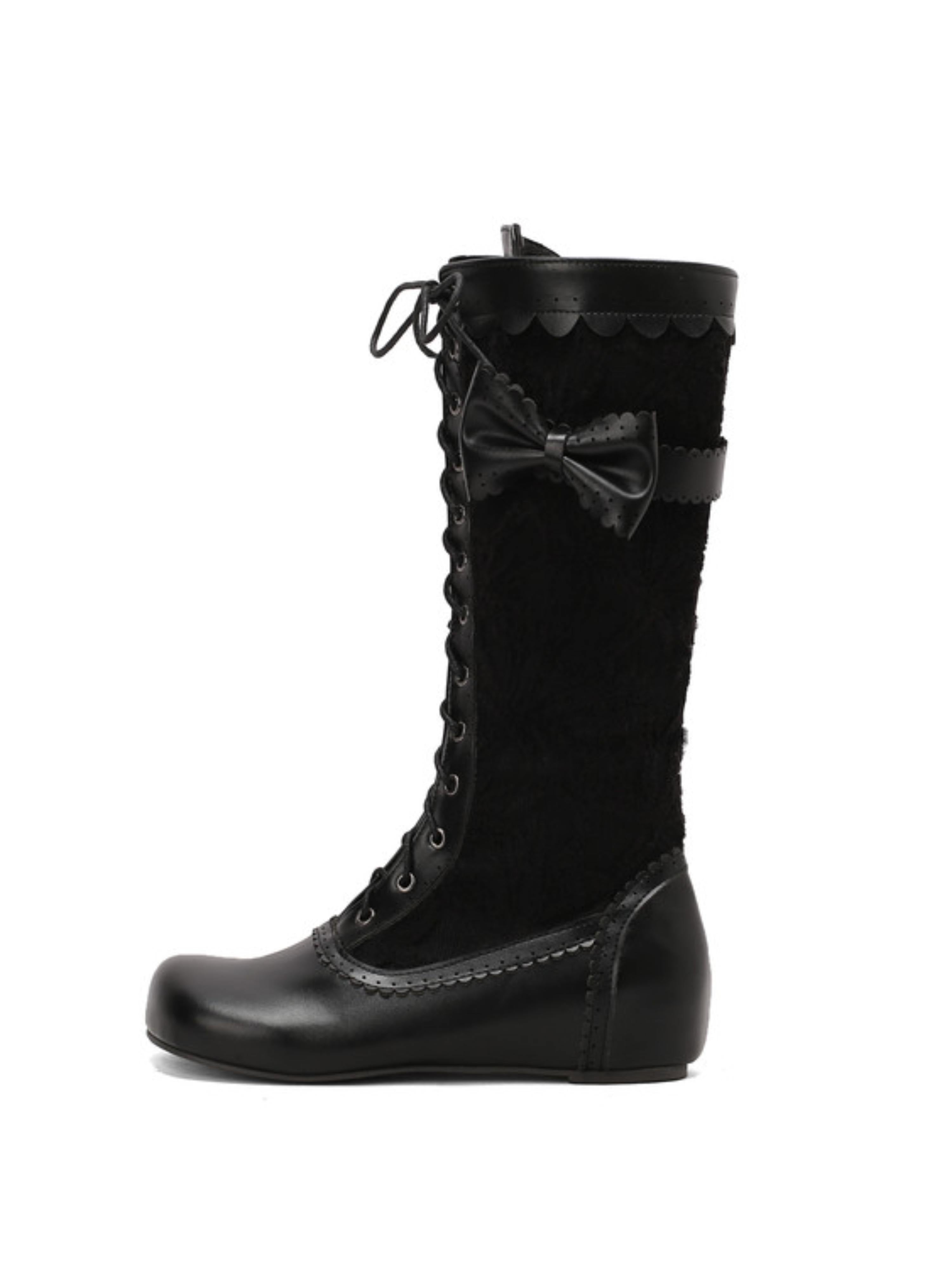 Chic Black Lace-Up Long Boots with Bow