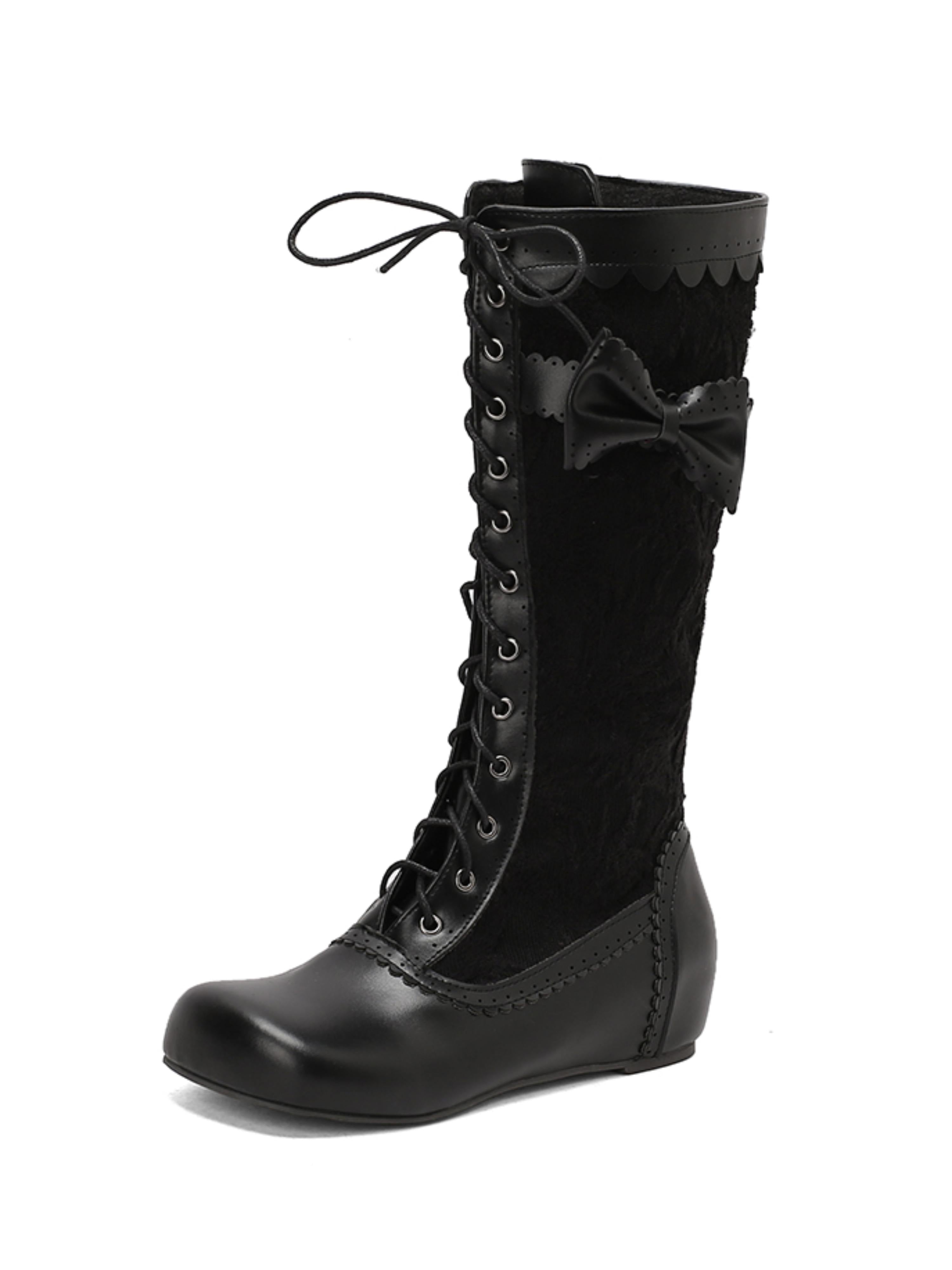 Chic Black Lace-Up Long Boots with Bow
