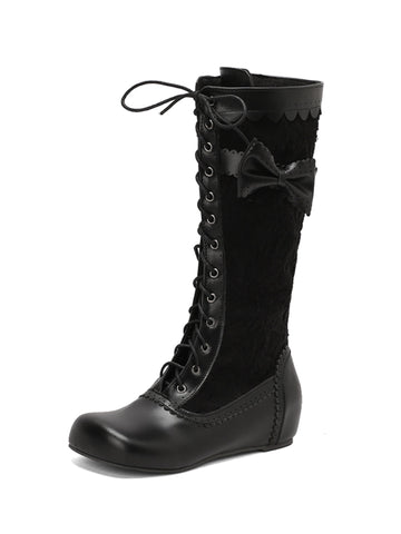 Chic Black Lace-Up Long Boots with Bow