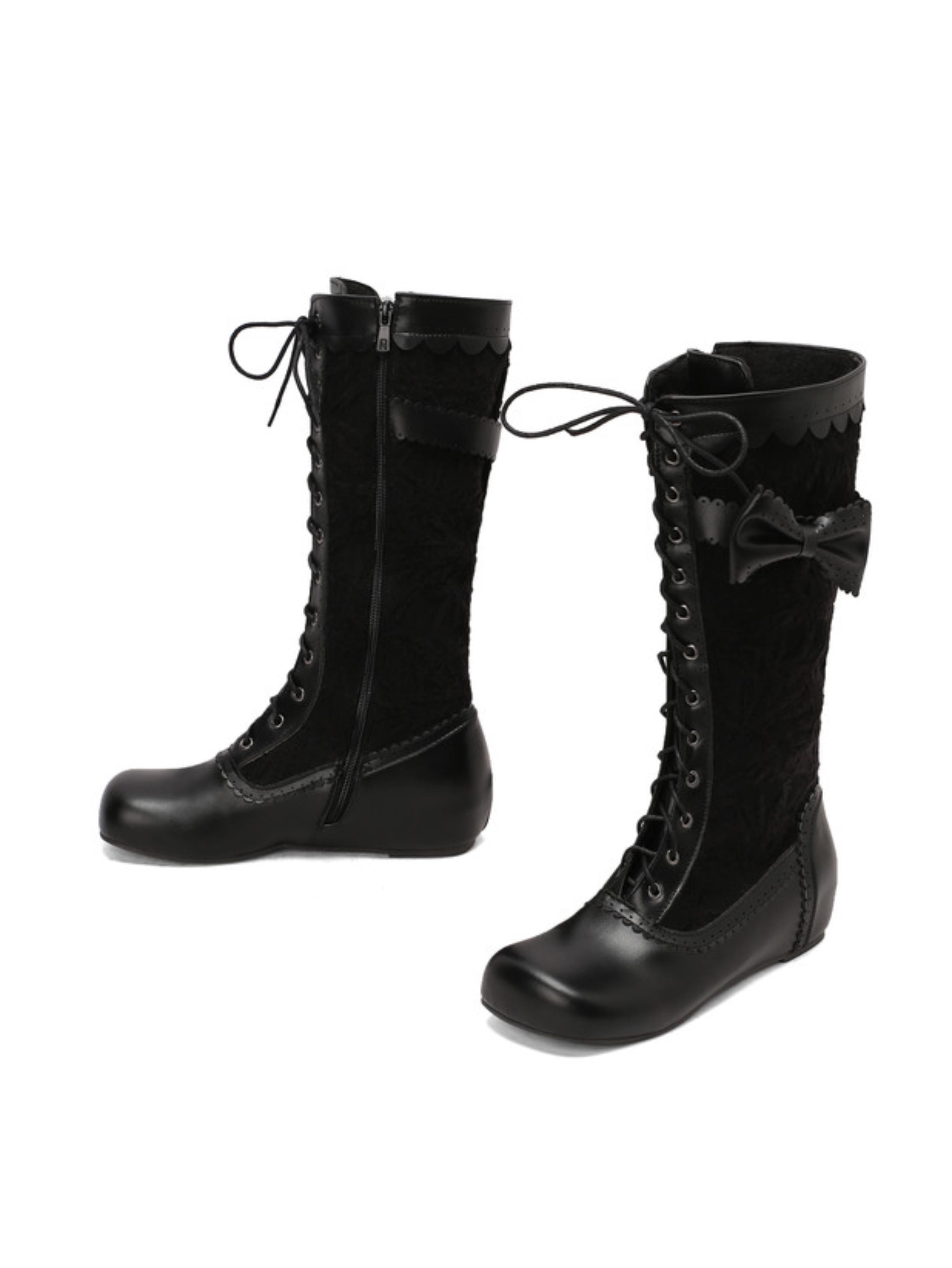 Chic Black Lace-Up Long Boots with Bow