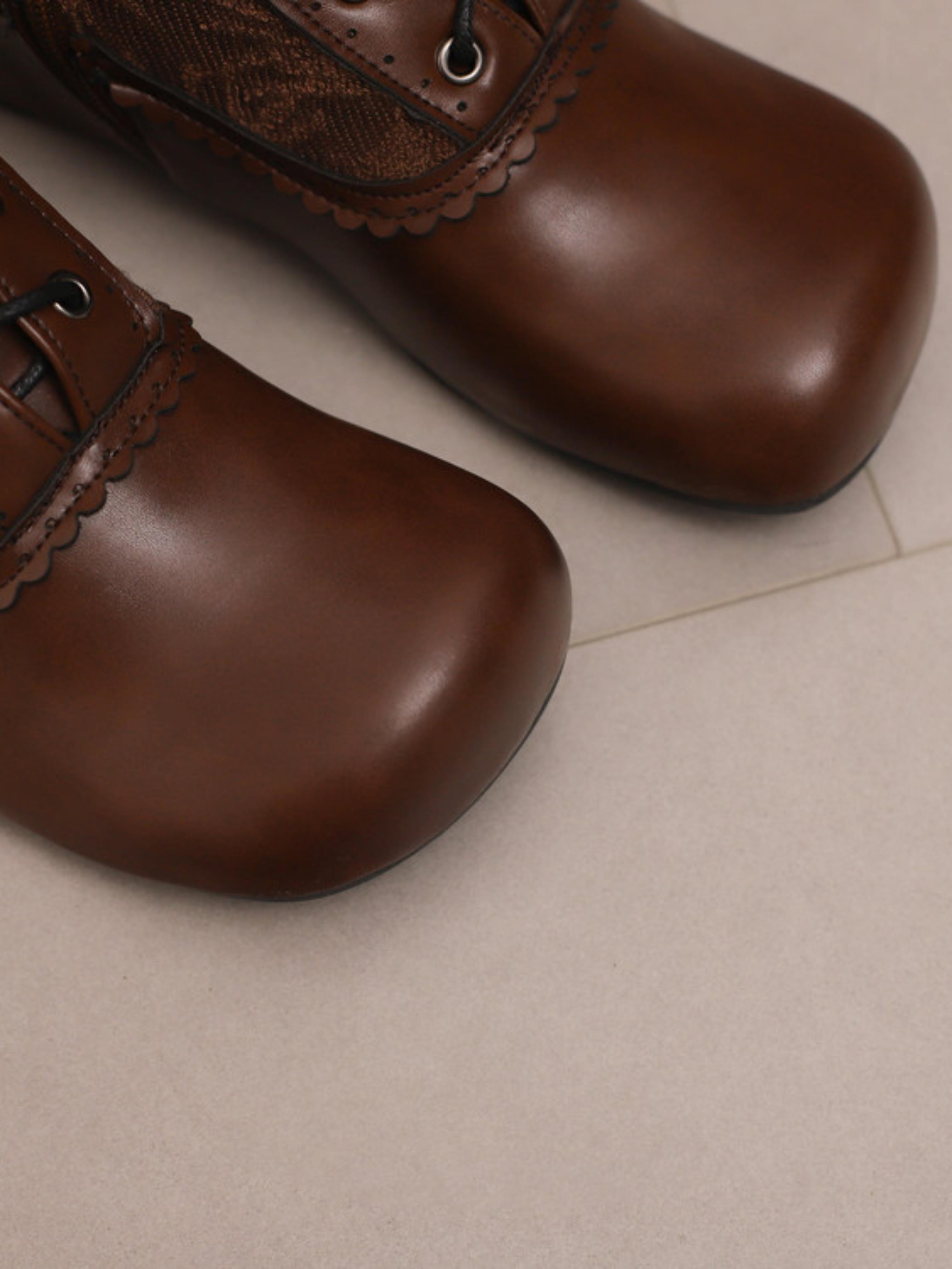 Elegant Lace-Up Victorian-Inspired Brown Mid Calf Boots