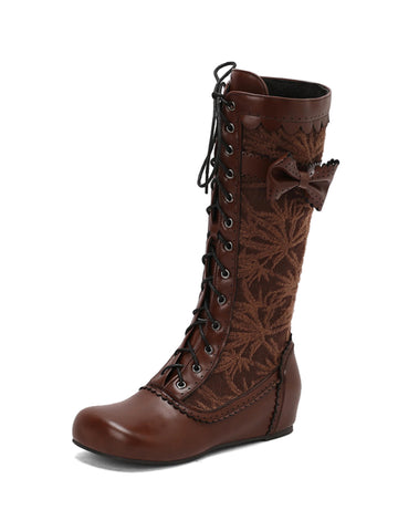 Elegant Lace-Up Victorian-Inspired Brown Mid Calf Boots