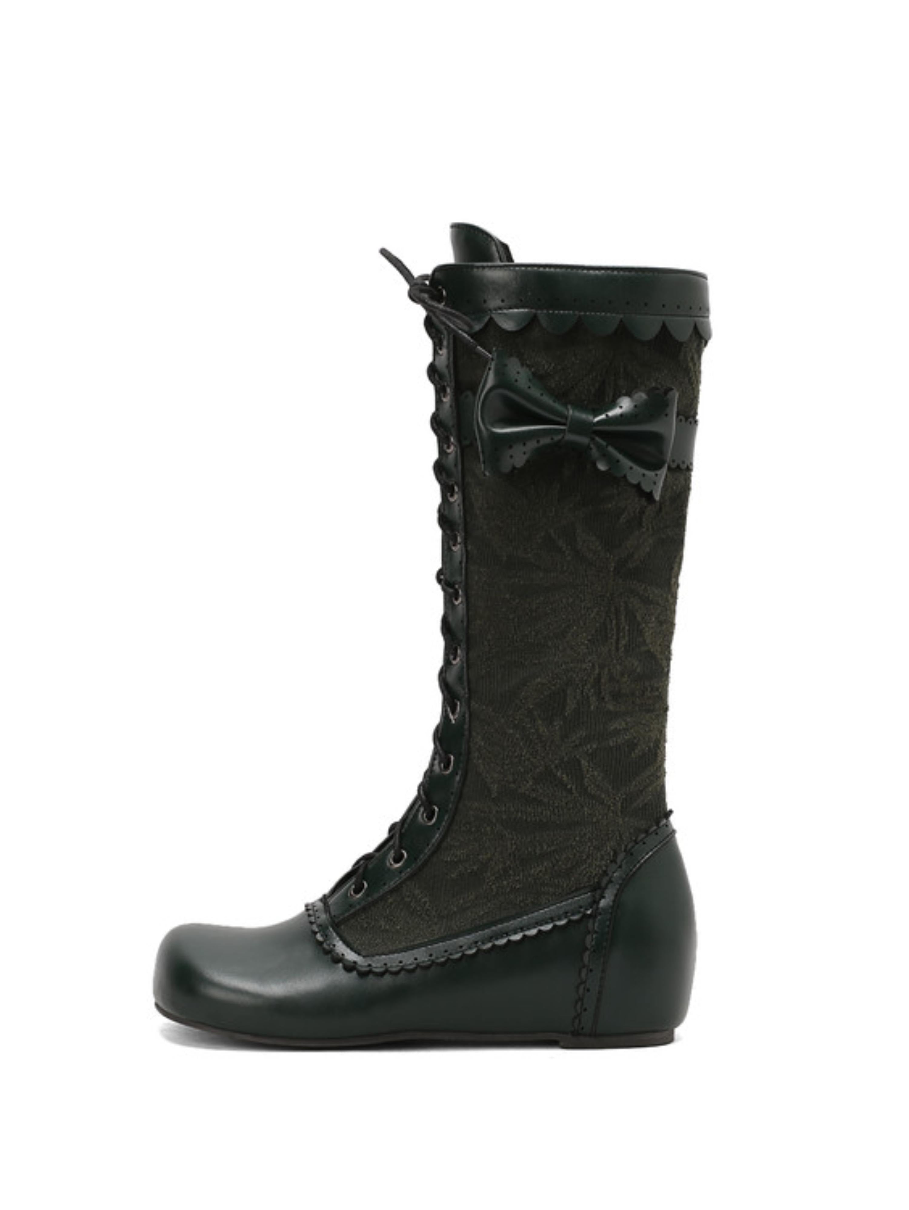 Dark Green Lace-Up Long Boots with Bow