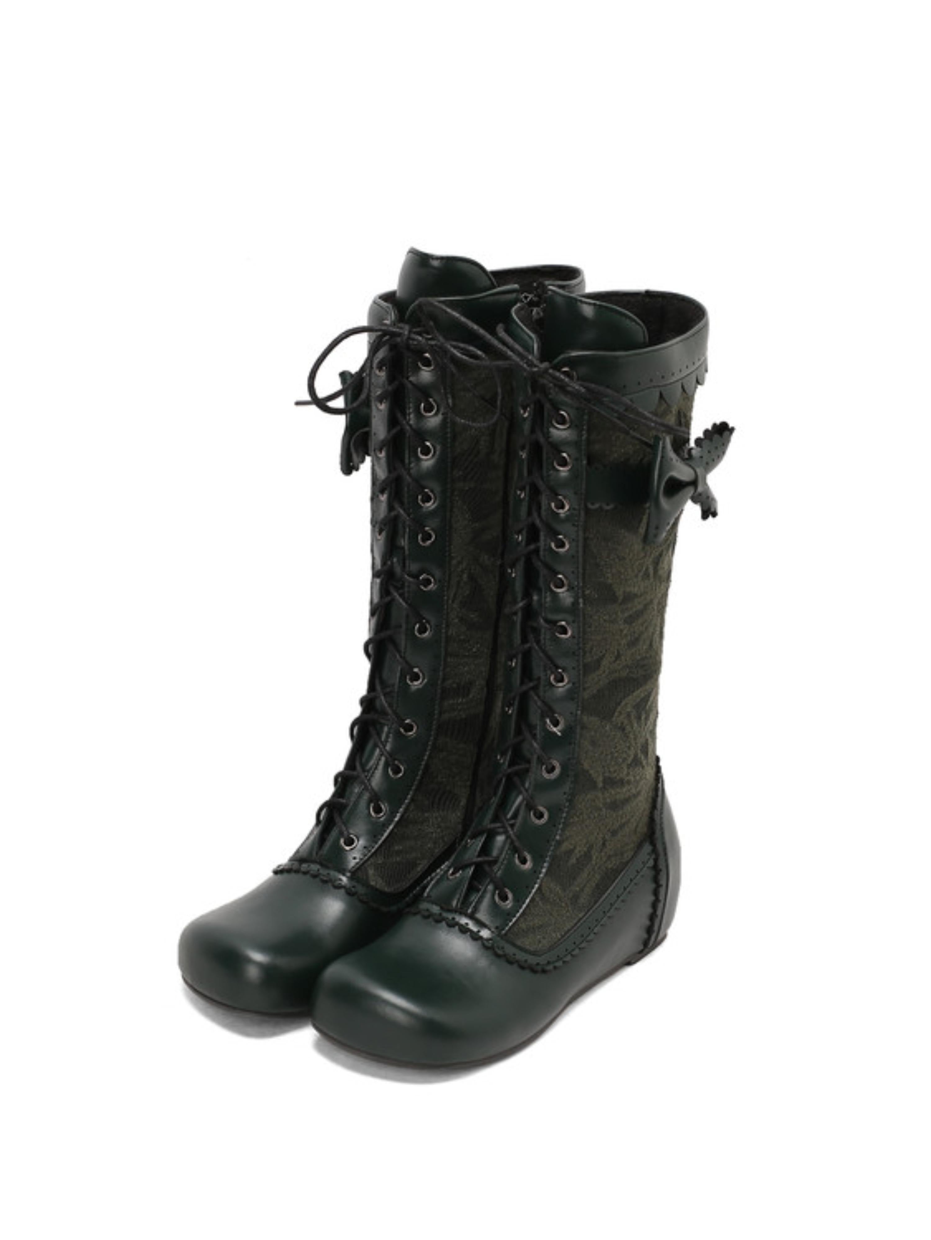 Dark Green Lace-Up Long Boots with Bow