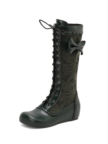 Dark Green Lace-Up Long Boots with Bow