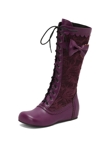 Rich Purple Bow Lace-Up Tall Boots for Women