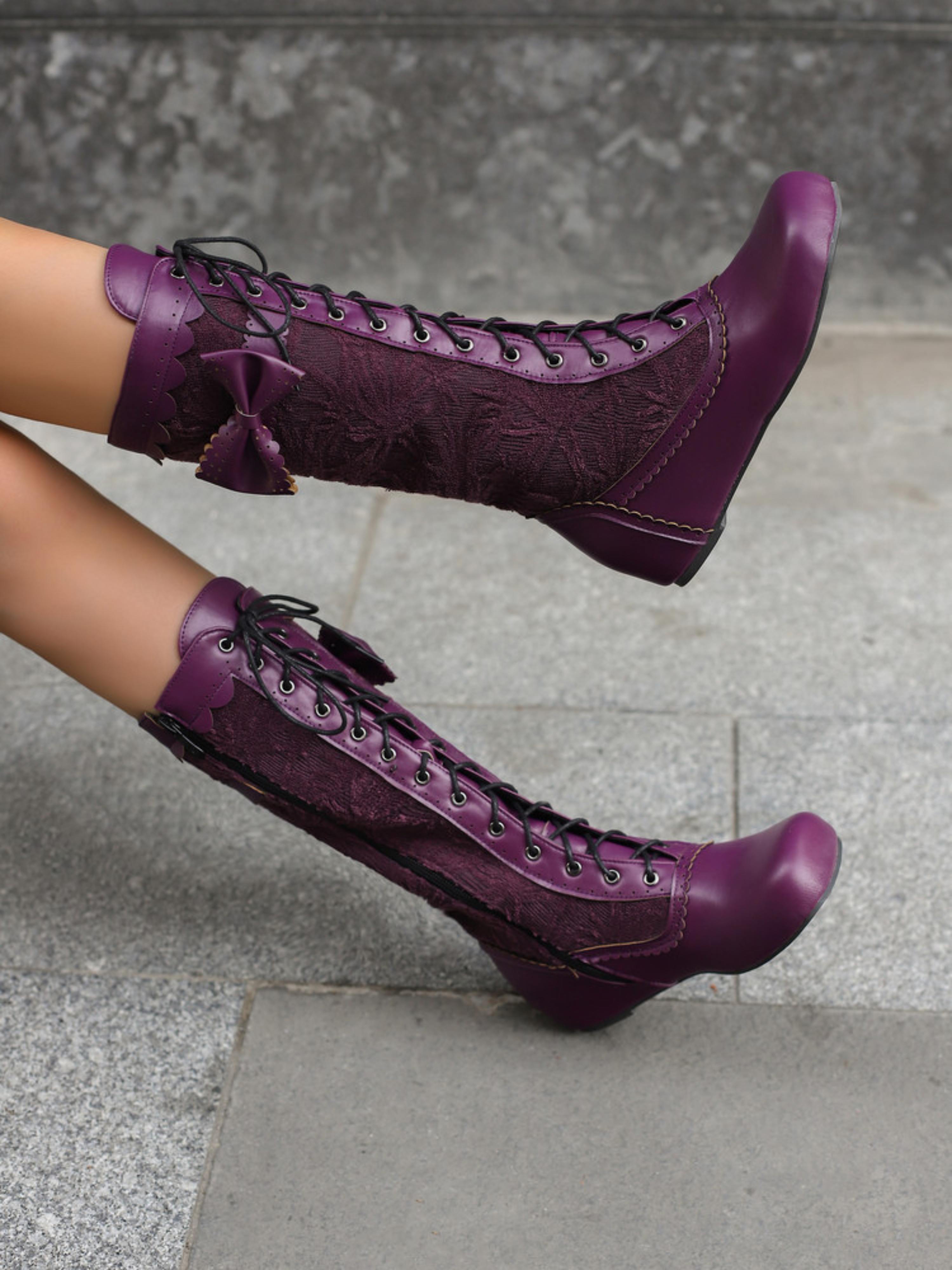 Rich Purple Bow Lace-Up Tall Boots for Women