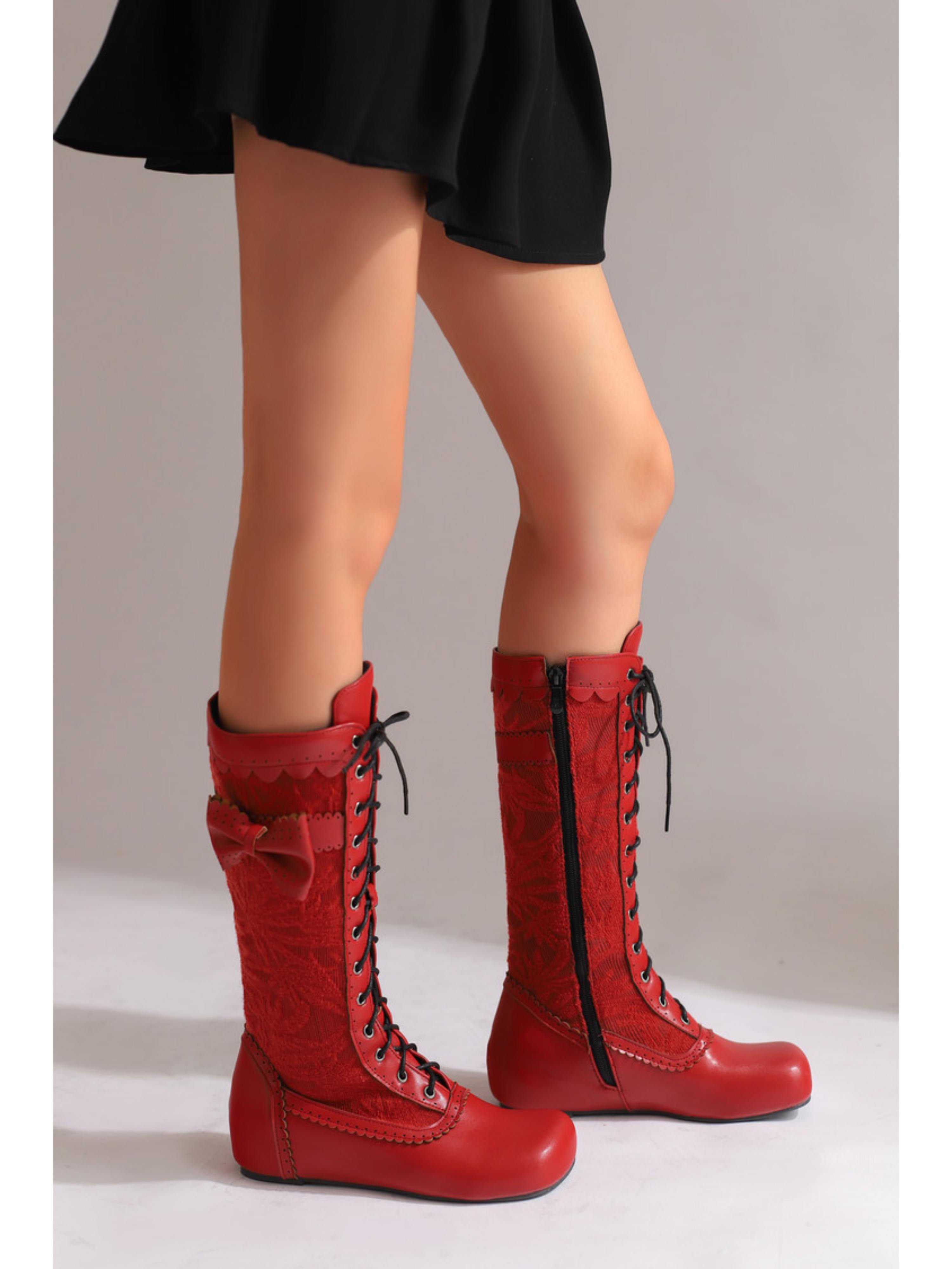 Retro Red Lace-Up Mid Calf Boots with Bow