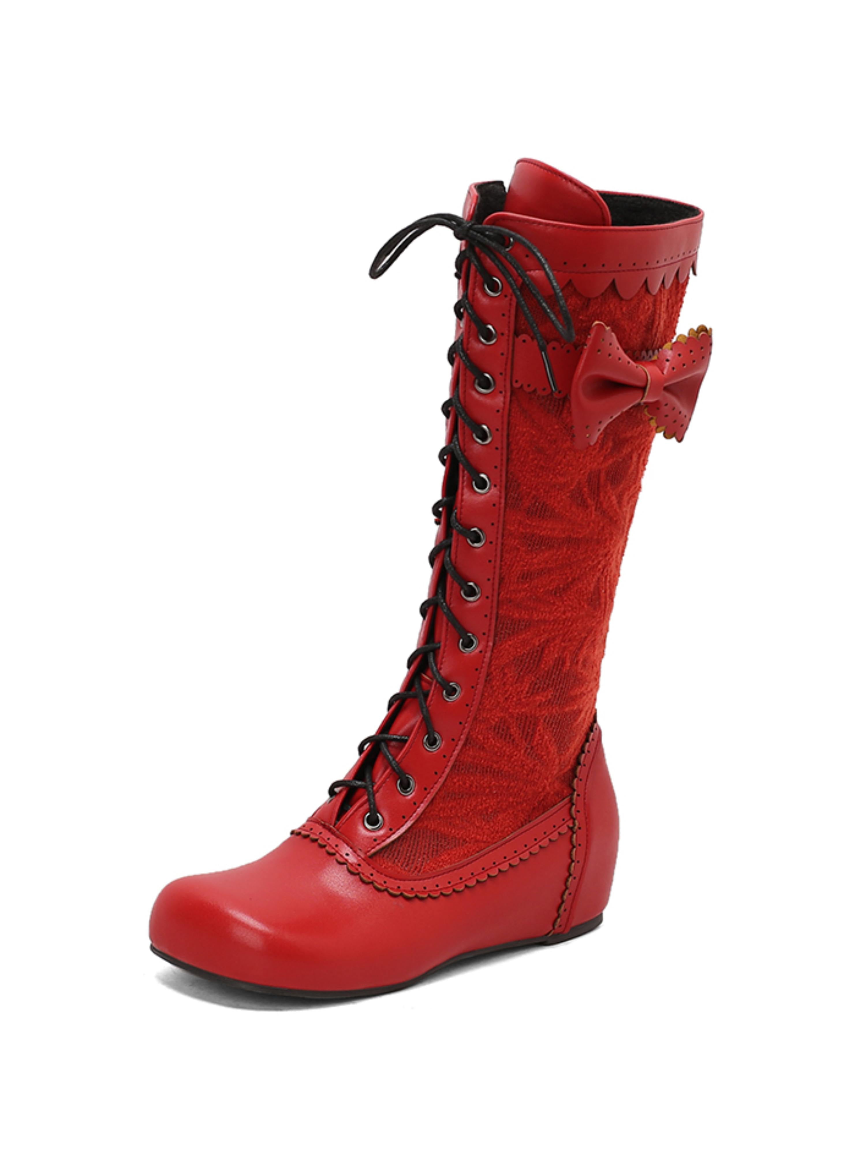 Retro Red Lace-Up Mid Calf Boots with Bow