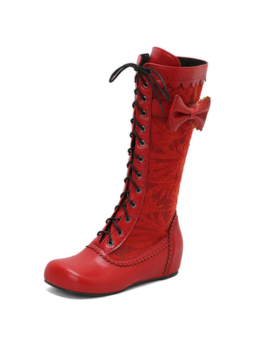 Retro Red Lace-Up Mid Calf Boots with Bow