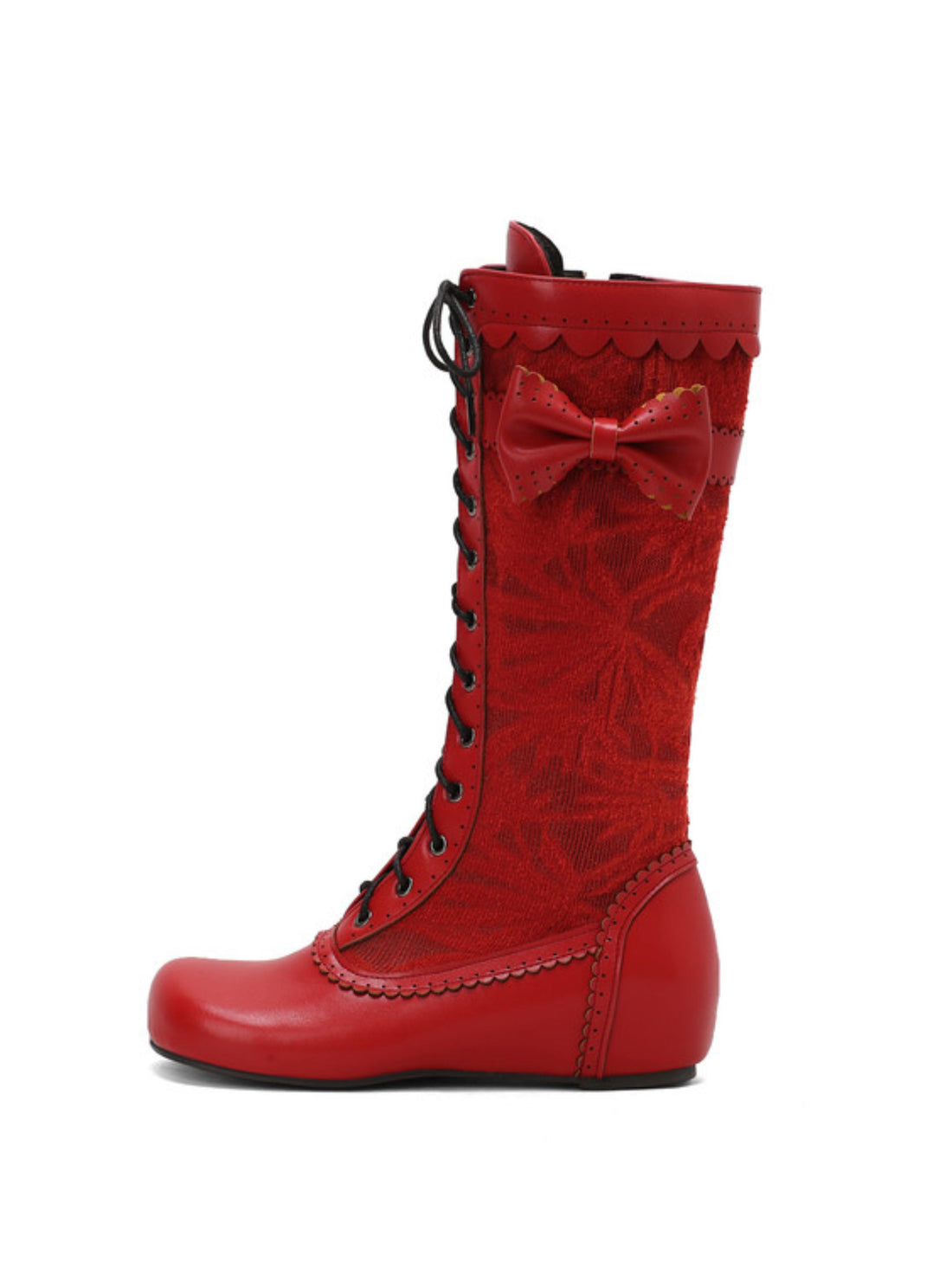 Retro Red Lace-Up Mid Calf Boots with Bow