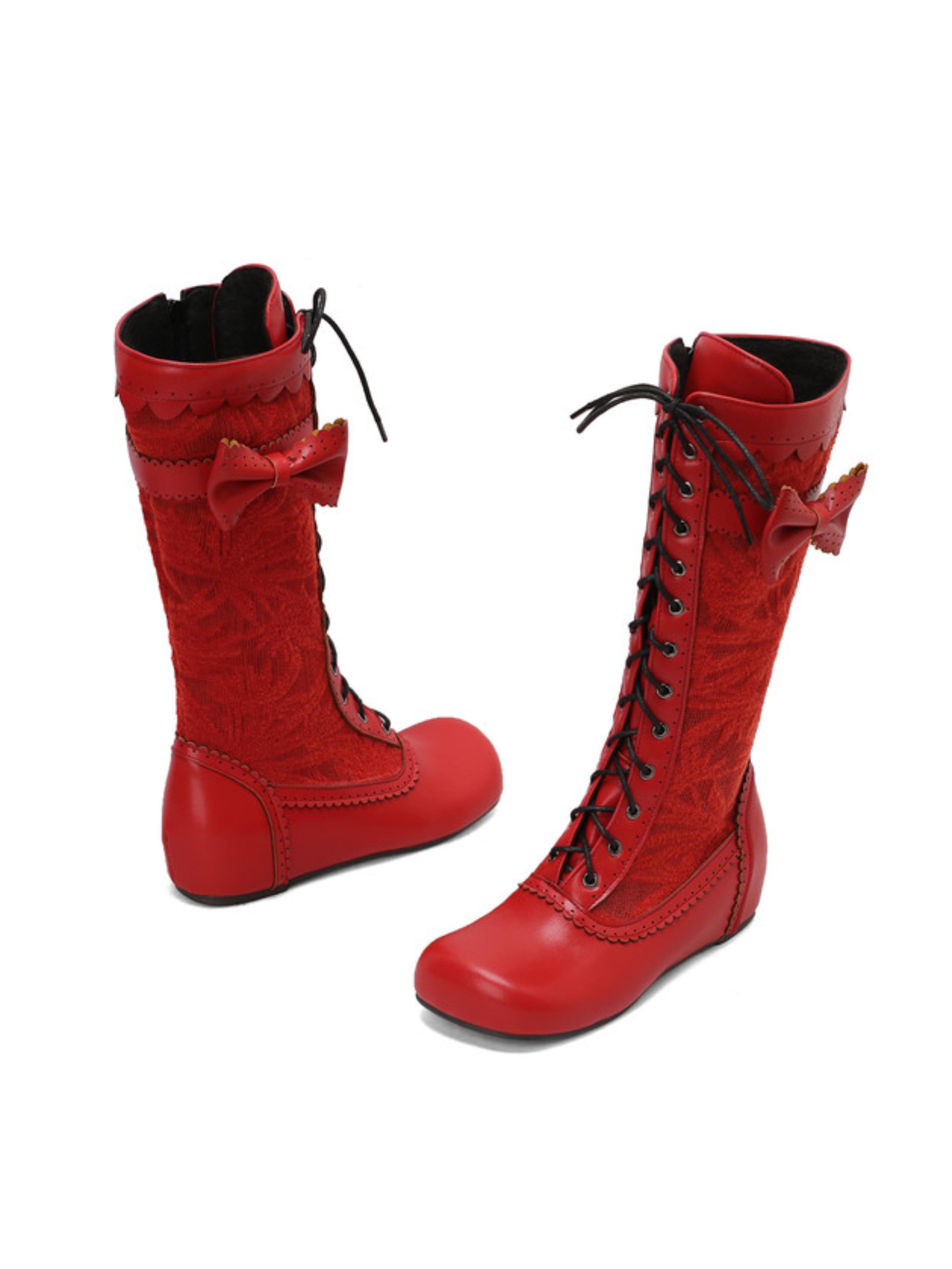 Retro Red Lace-Up Mid Calf Boots with Bow