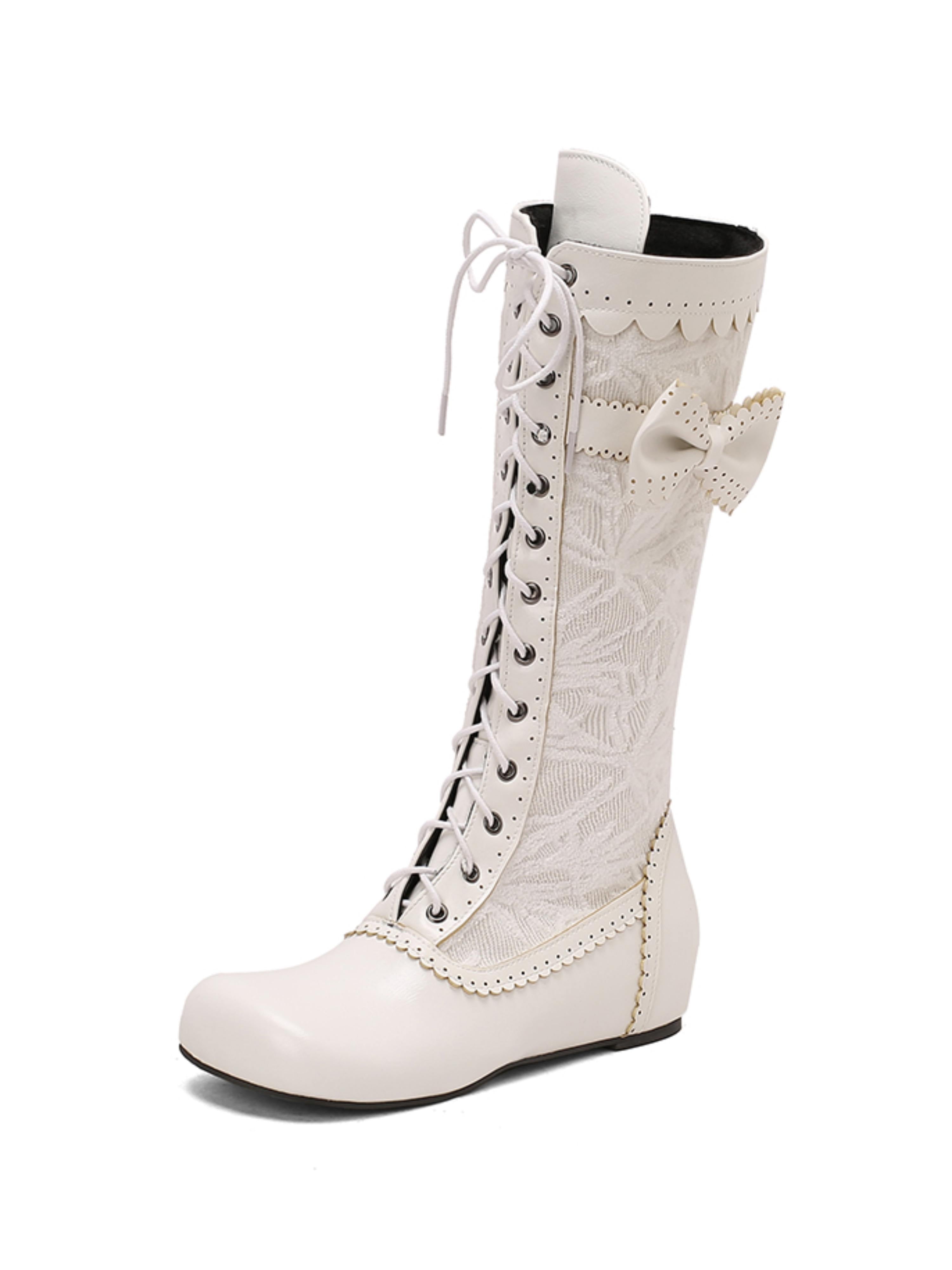 Vintage White Lace-Up Bow Long Boots for Women