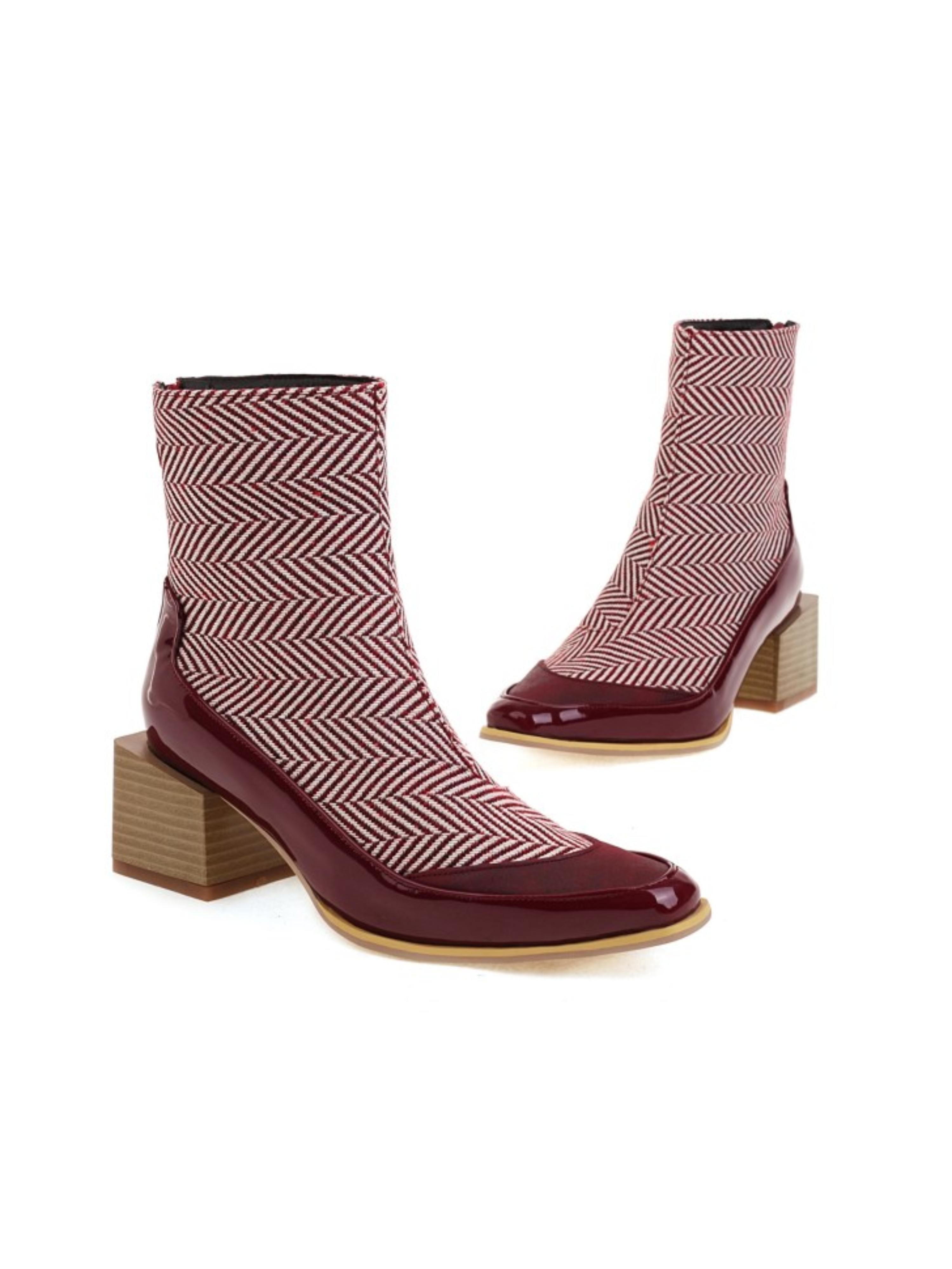 Retro Burgundy Block Heel Ankle Boots with Back Zipper