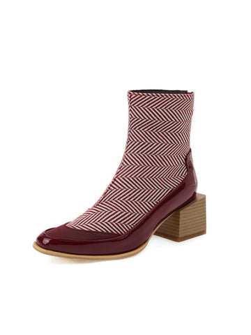 Retro Burgundy Block Heel Ankle Boots with Back Zipper