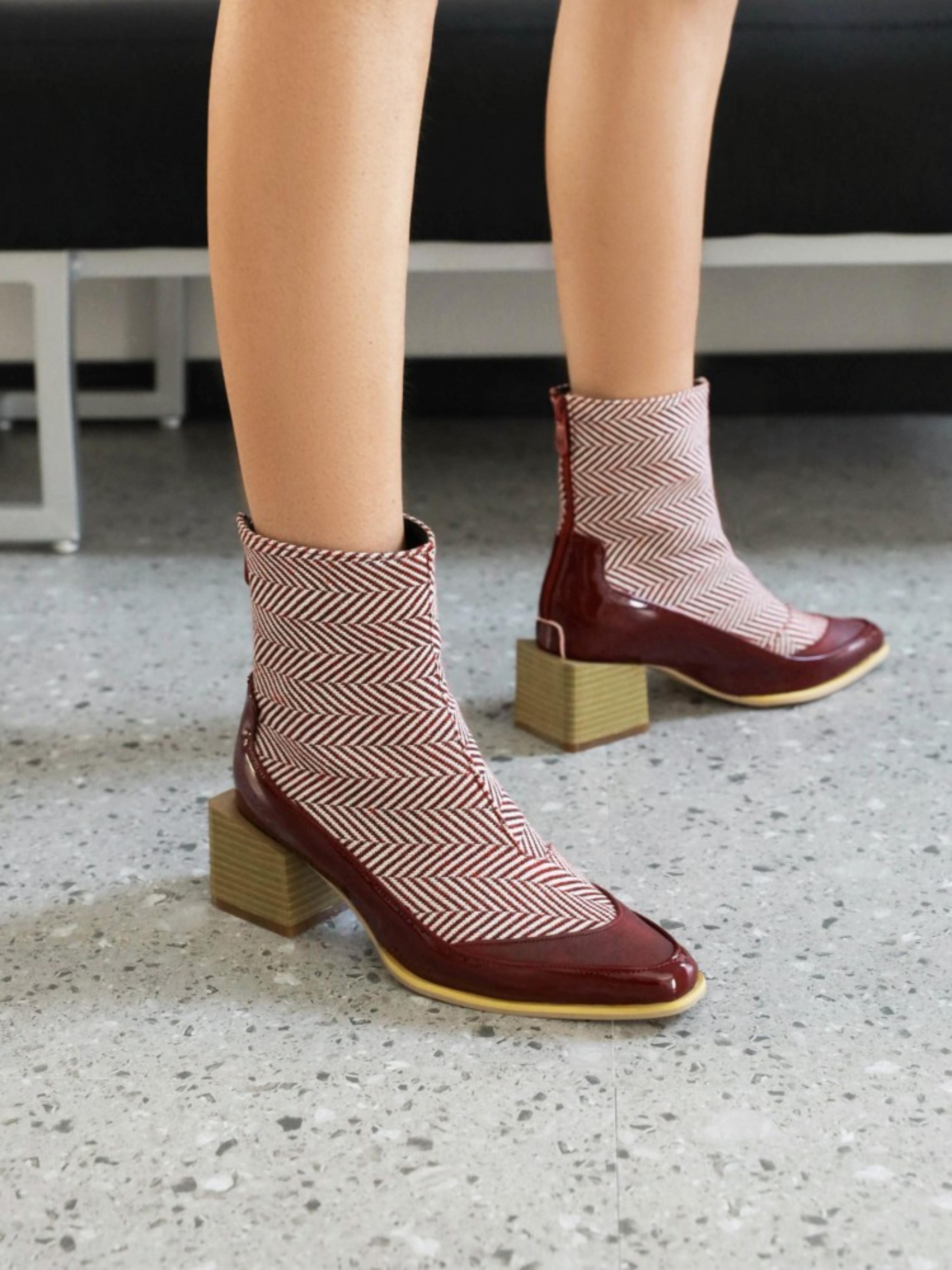 Retro Burgundy Block Heel Ankle Boots with Back Zipper