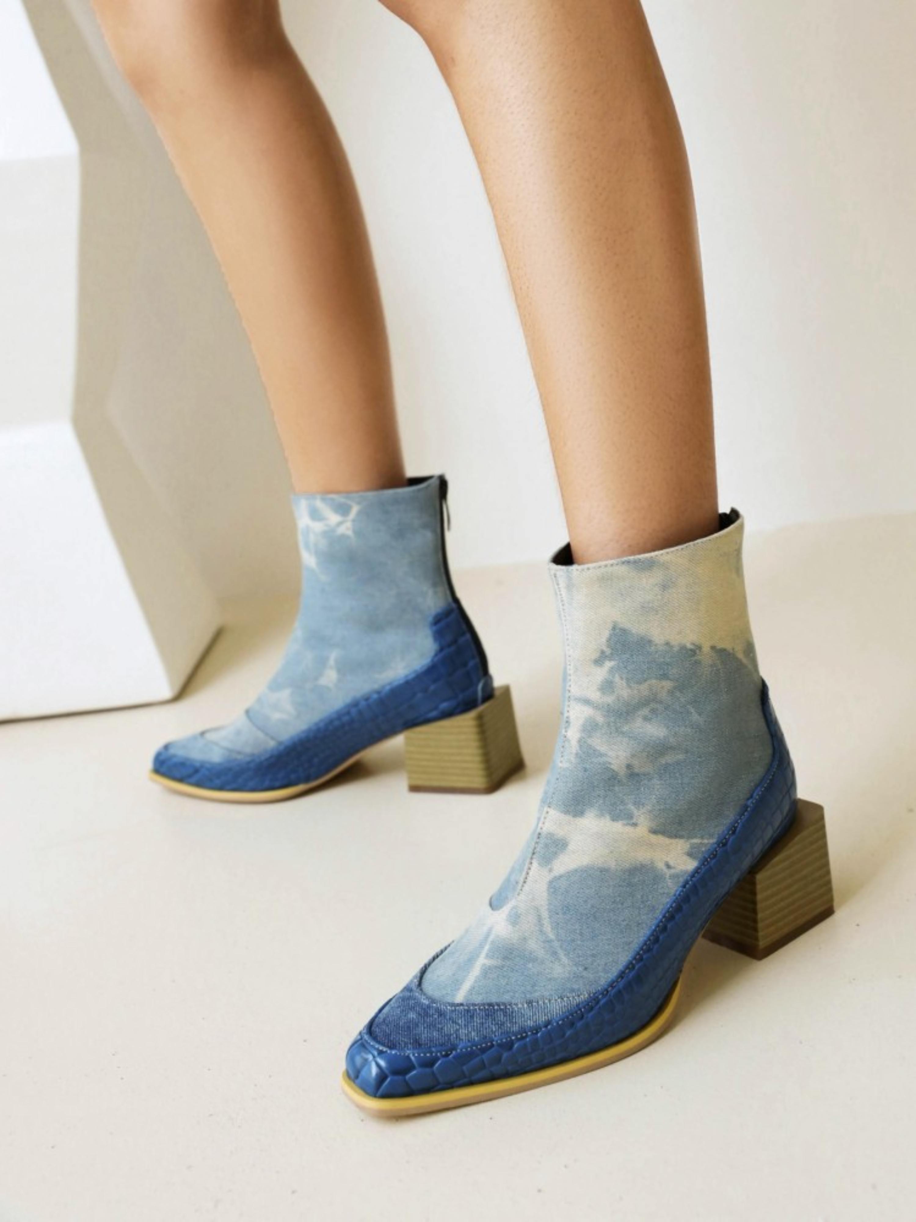 Women's Denim Blue Short Boots with Block Heels