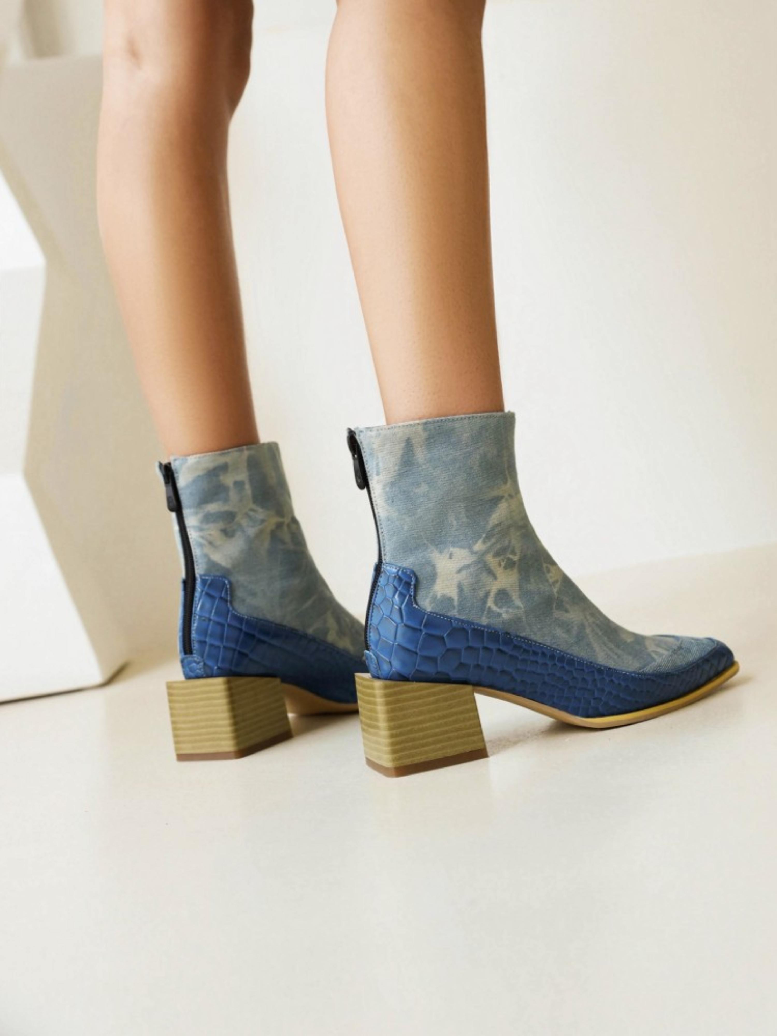 Women's Denim Blue Short Boots with Block Heels