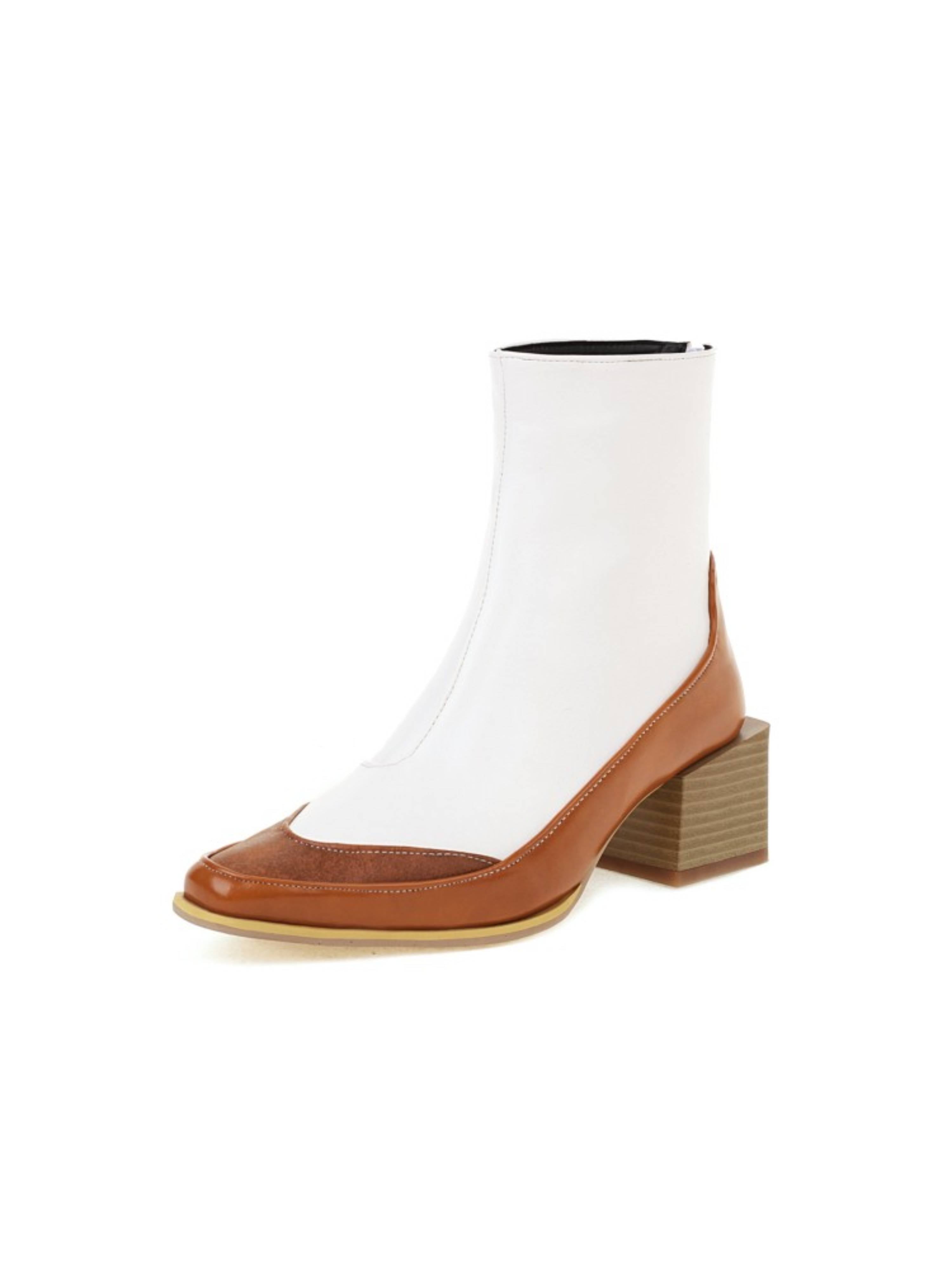 Fashion White & Brown Block Heel Ankle Boots