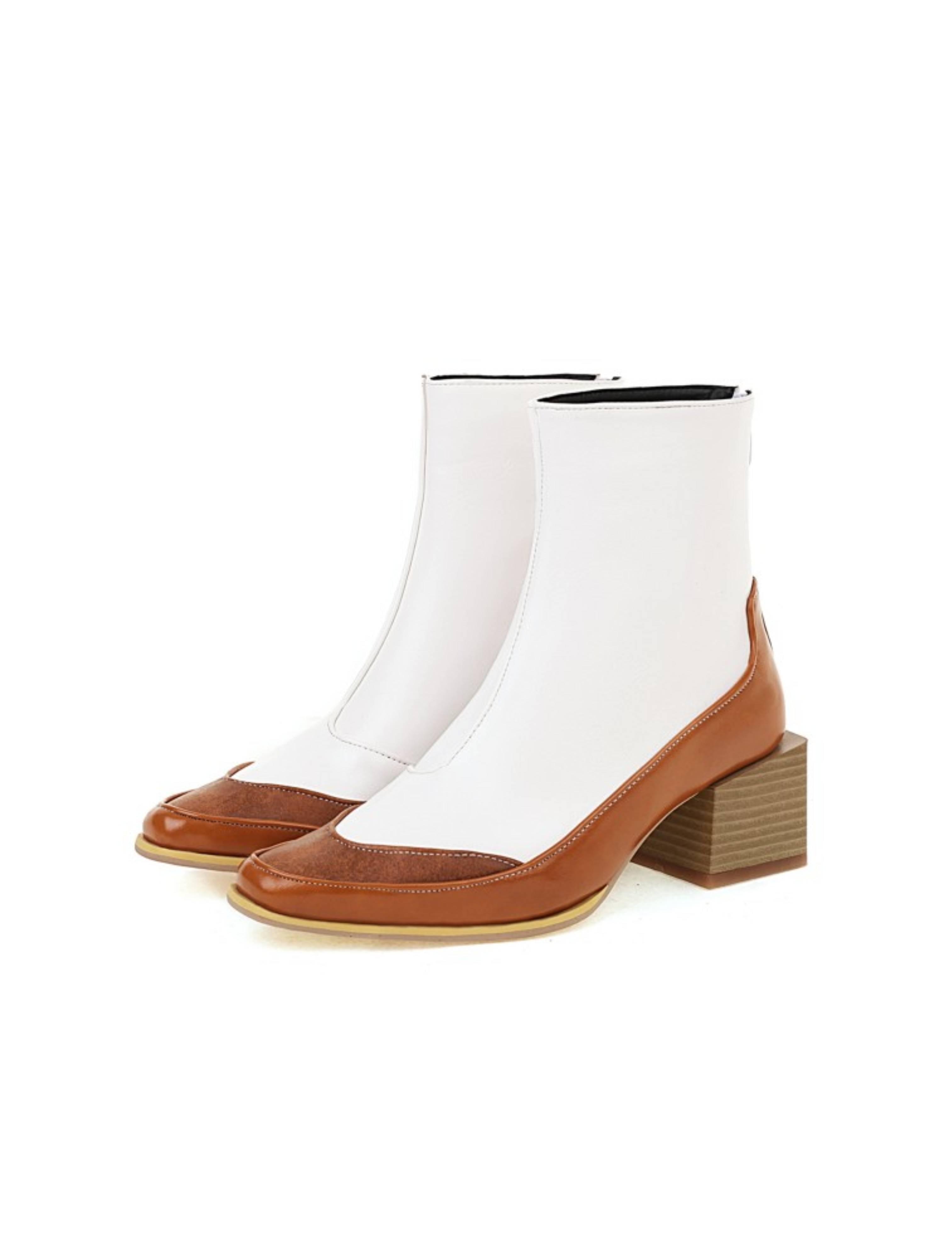 Fashion White & Brown Block Heel Ankle Boots