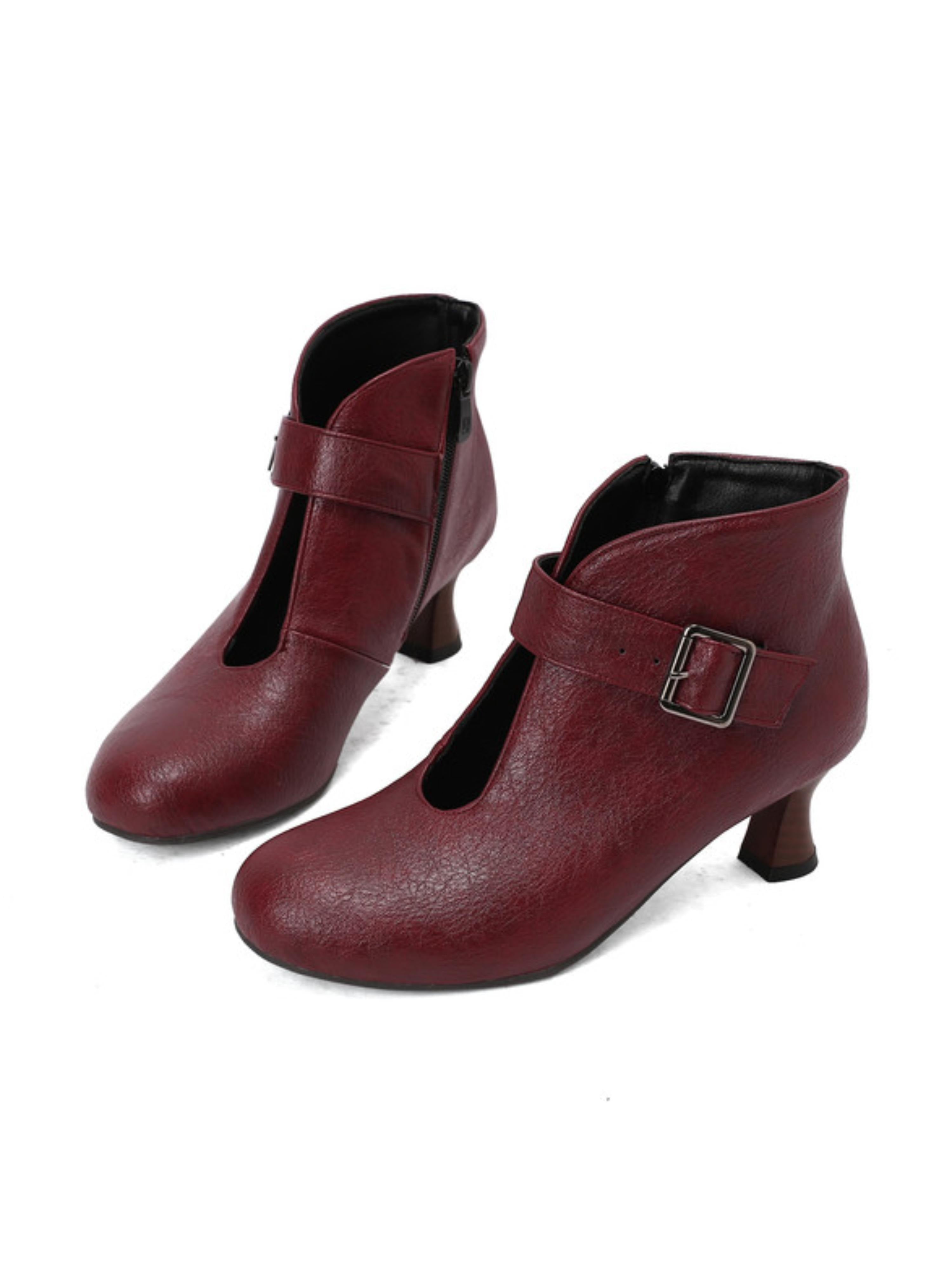 Women's Retro Mid Heel Burgundy Ankle Boots with Buckle