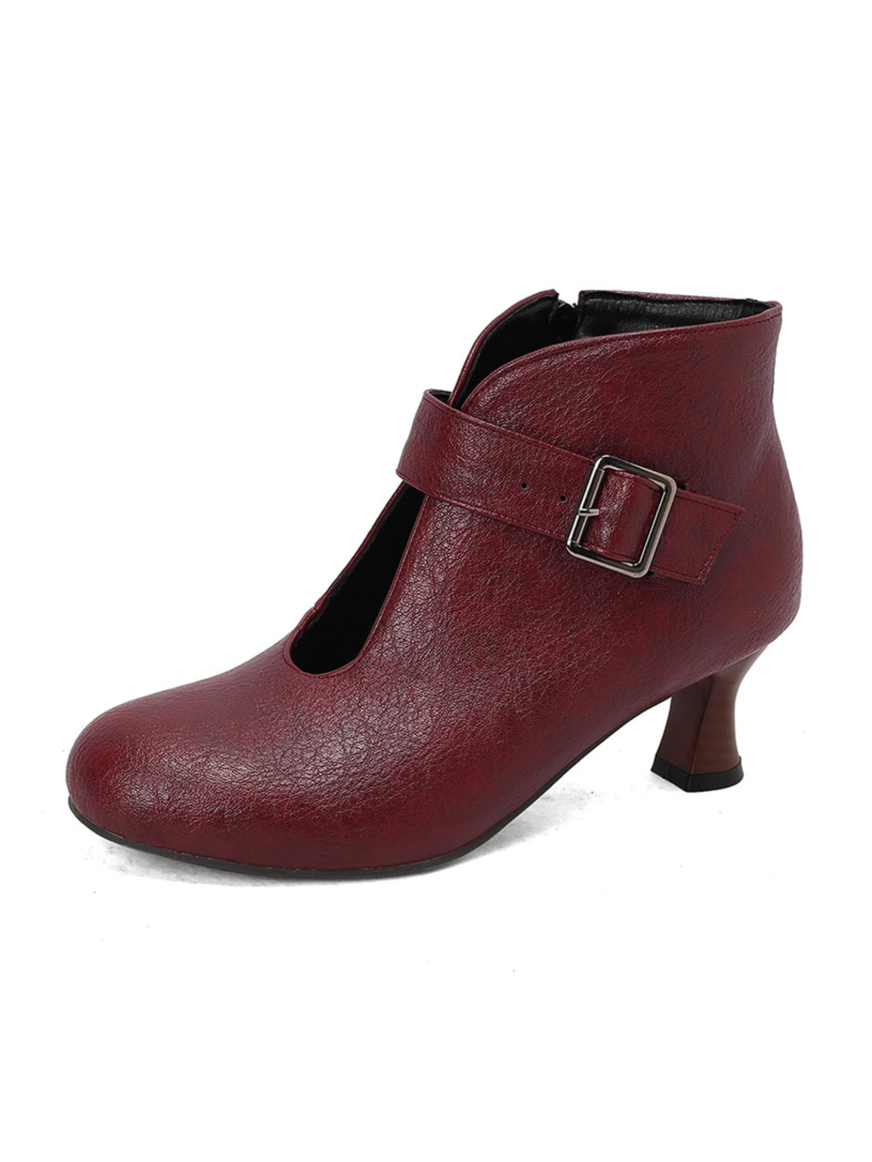 Women's Retro Mid Heel Burgundy Ankle Boots with Buckle
