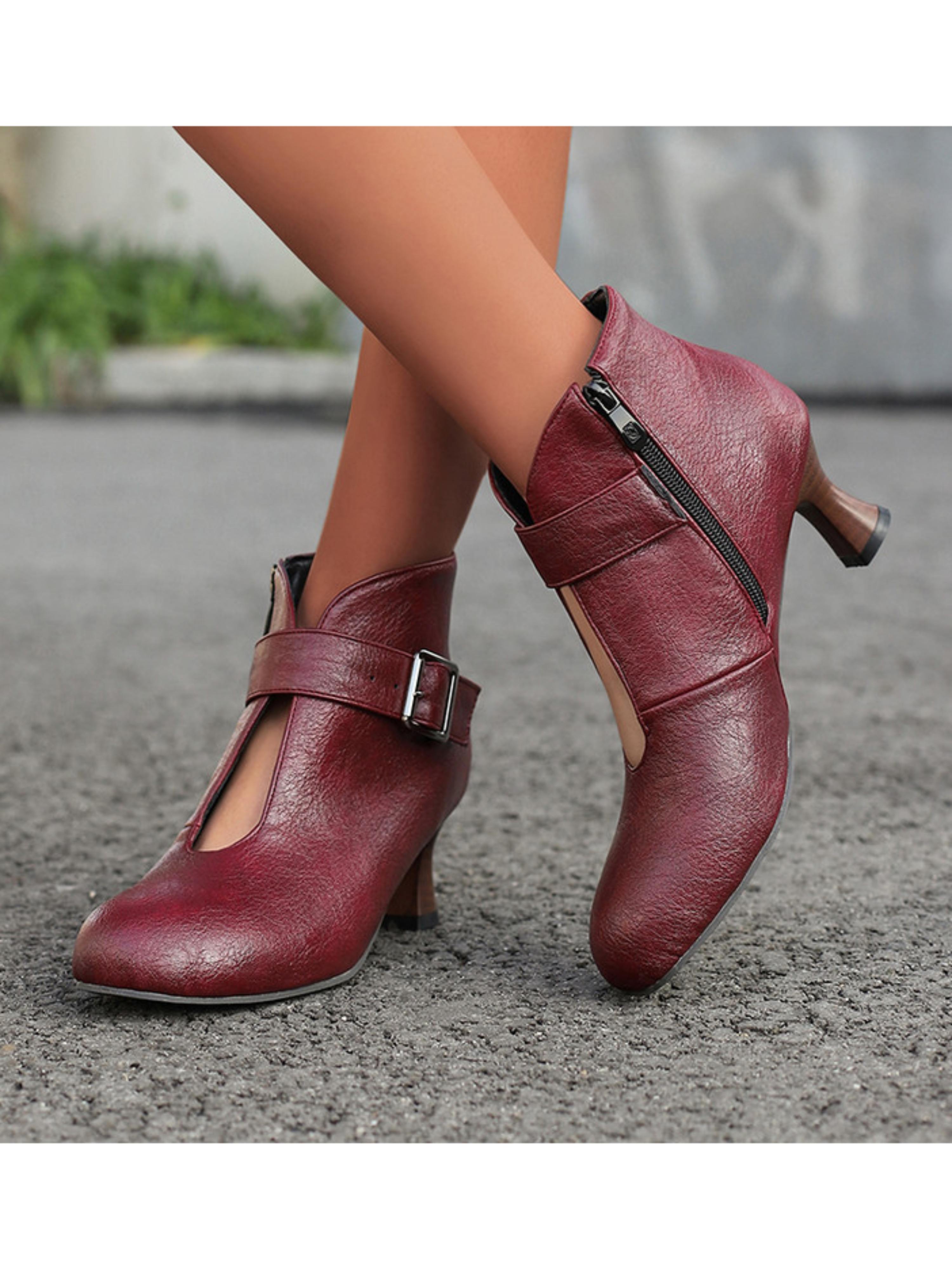 Women's Retro Mid Heel Burgundy Ankle Boots with Buckle