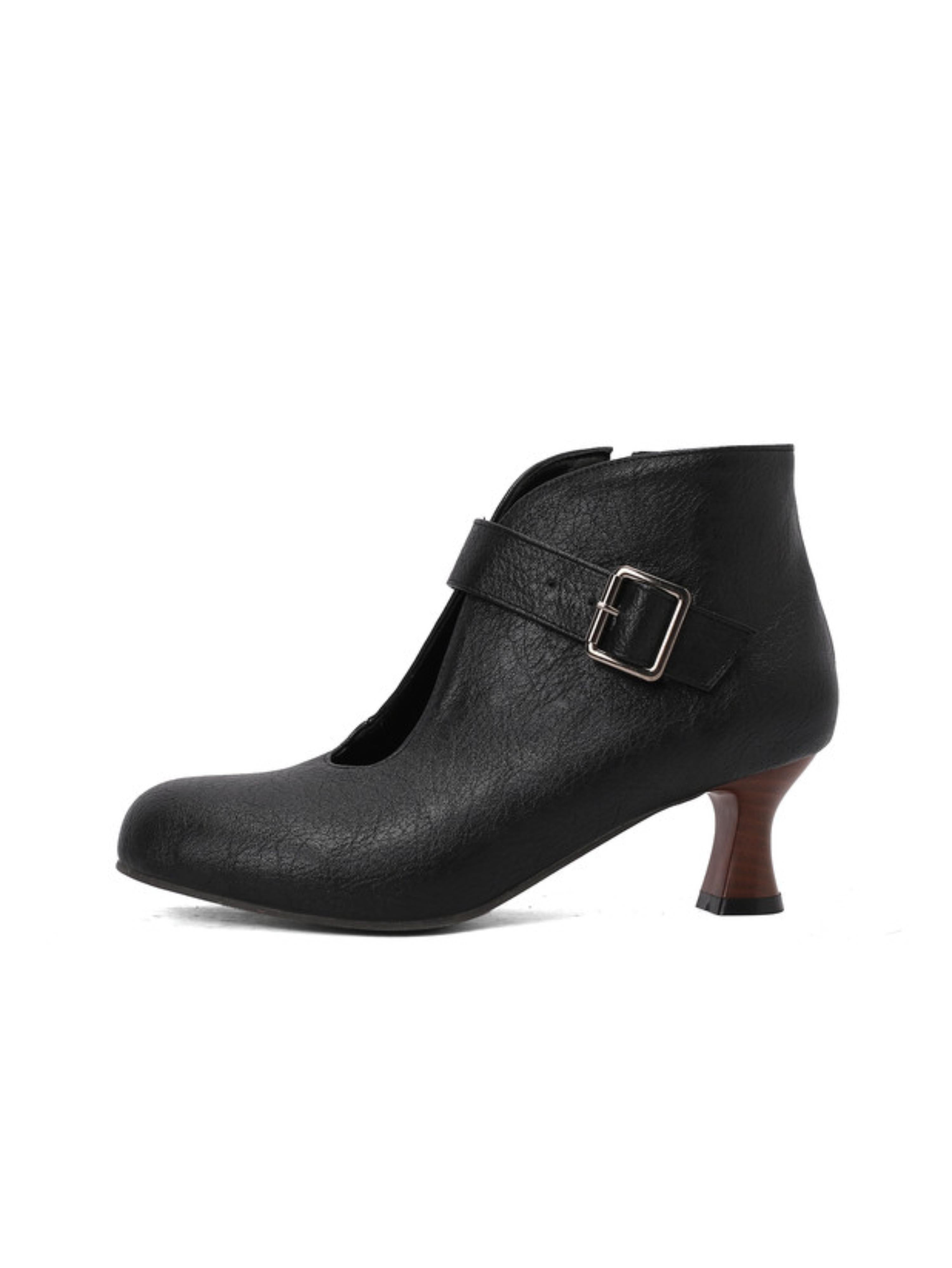 Classic Buckled Strap Black Ankle Boots with Side Zipper
